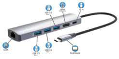 Manhattan USB-C dock/hub, poorten (6): Ethernet, HDMI, USB-A (3×) en USB-C, met Power Delivery (PD) 100 W - vereist een externe USB-C-lader (niet inbegrepen). USB-gevoed (geen externe voeding vereist) wanneer PD niet wordt gebruikt - Afbeelding 9