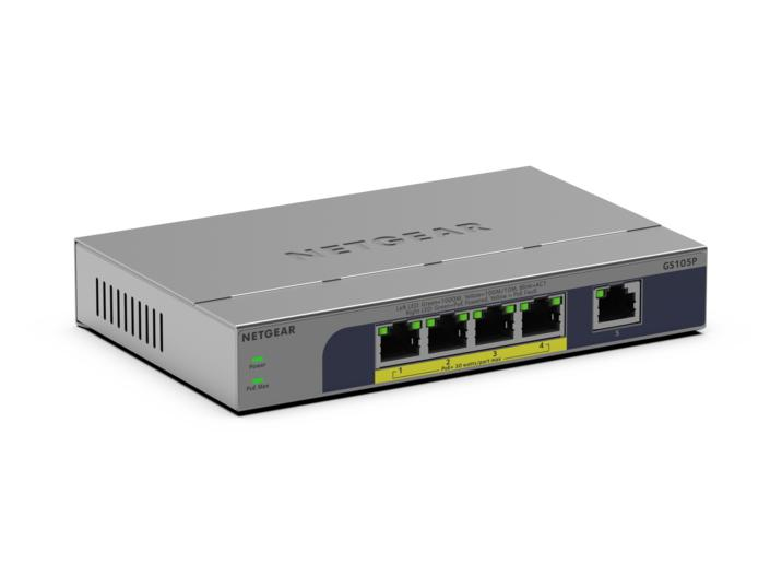 NETGEAR GS105P Unmanaged Gigabit Ethernet (10/100/1000) Power over Ethernet (PoE) Bureaublad-/wandmontage Grijs - Afbeelding 2