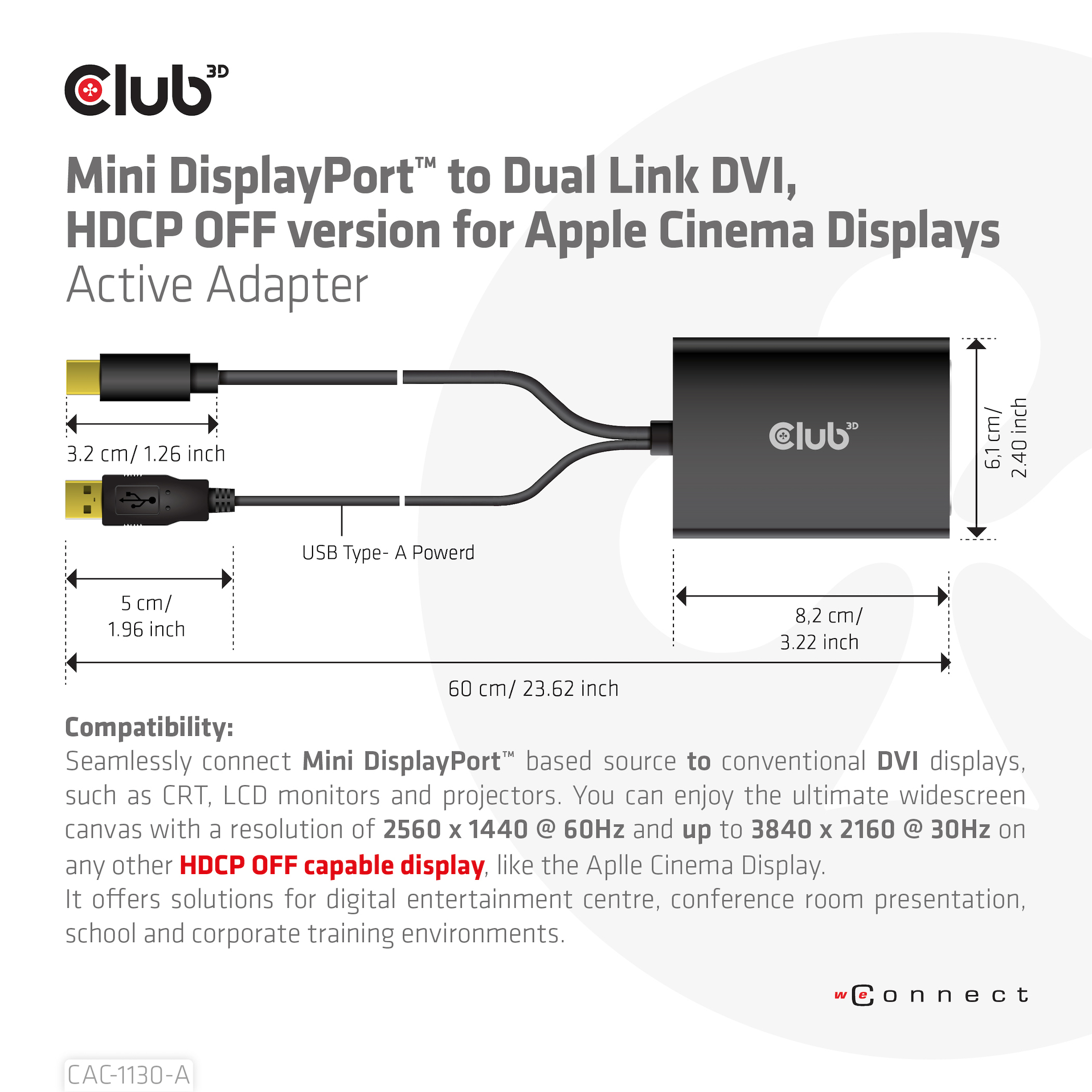 CLUB3D Mini DisplayPort to Dual Link DVI, HDCP OFF version for Apple Cinema Displays Active Adapter - Afbeelding 4