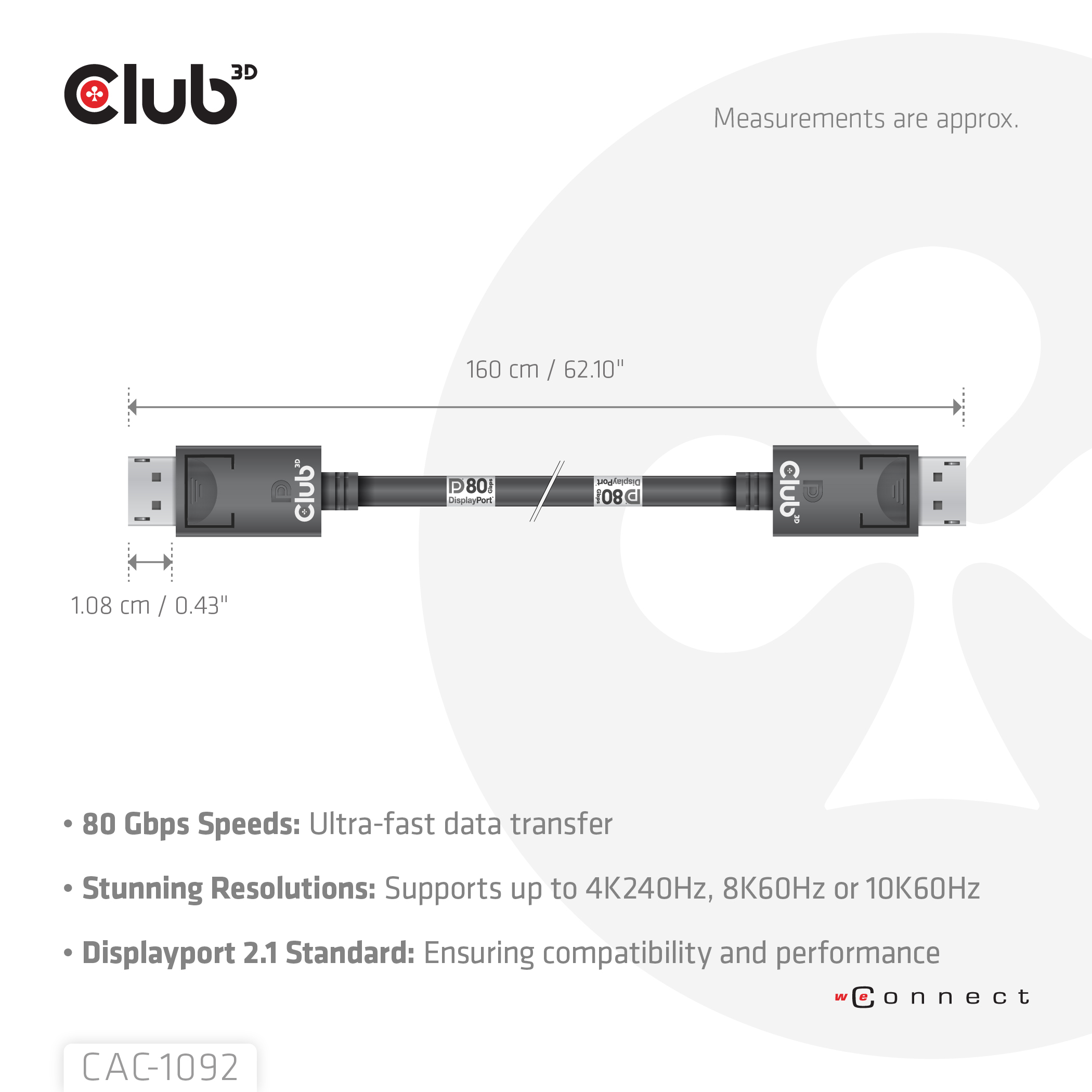 CLUB3D DisplayPort™ 2.1 Bi-Directional VESA DP80 Gecertificeerde kabel 4K240Hz, 8K60Hz or 10K60Hz M/M 1.6m/ Next-Gen Gaming - Afbeelding 5