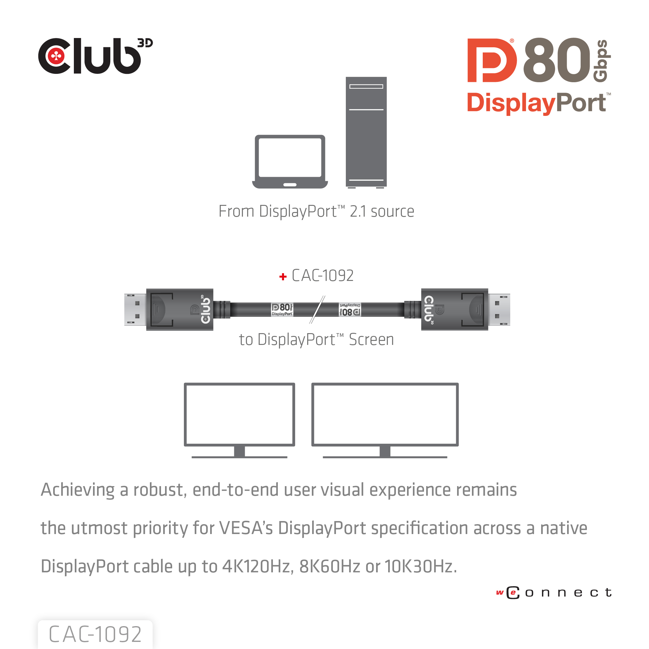 CLUB3D DisplayPort™ 2.1 Bi-Directional VESA DP80 Gecertificeerde kabel 4K240Hz, 8K60Hz or 10K60Hz M/M 1.6m/ Next-Gen Gaming - Afbeelding 6