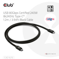 CLUB3D USB 80Gbps Certified 240W 8K240Hz Type-C® 1.2m / 3.94ft Black Cable