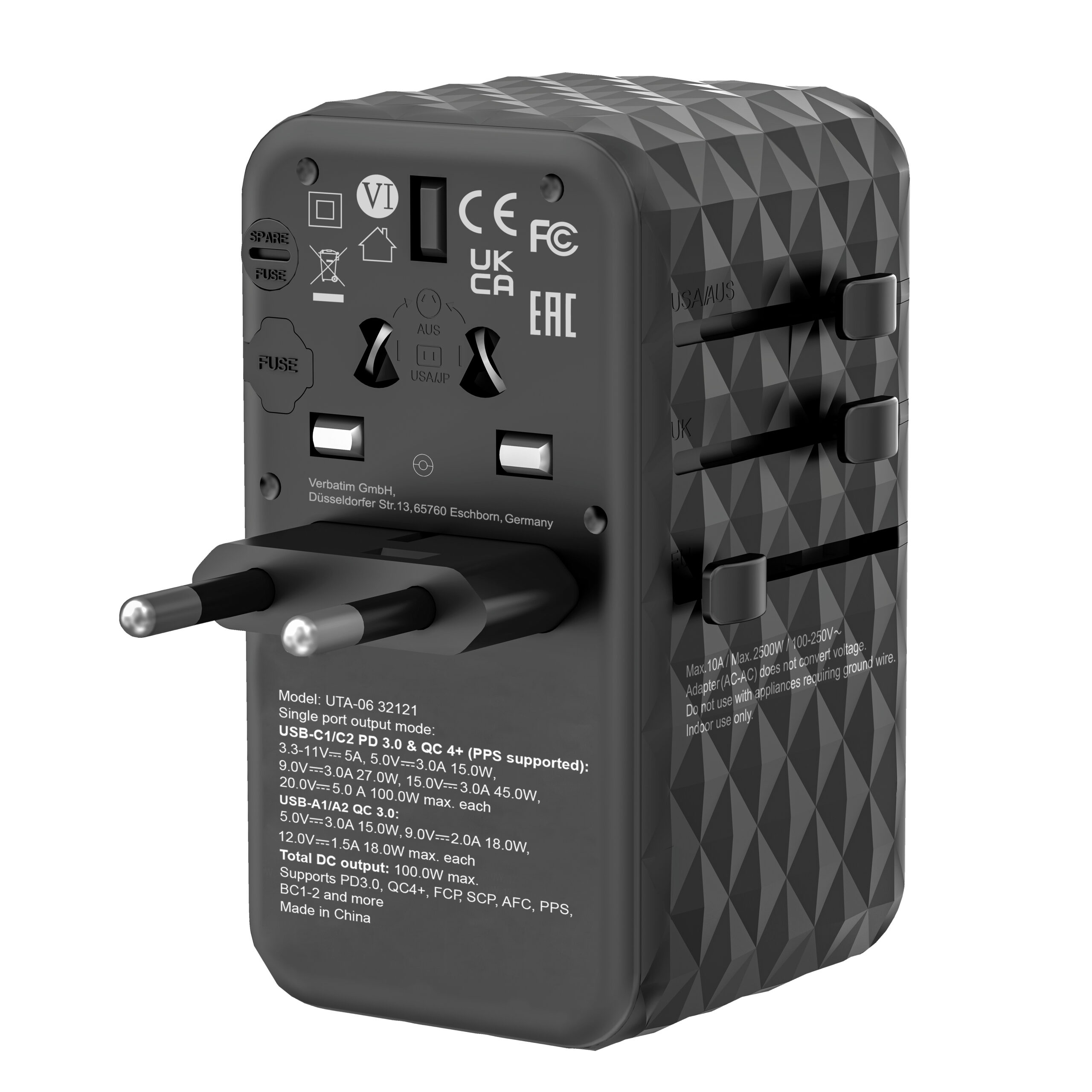 Verbatim UTA-06 100W GaN III universele reisadapter Met 2 x USB-C PD & QC 4+ & 2 x USB-A QC 3.0 poorten - Afbeelding 15