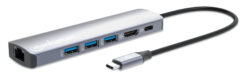 Manhattan USB-C dock/hub, poorten (6): Ethernet, HDMI, USB-A (3×) en USB-C, met Power Delivery (PD) 100 W - vereist een externe USB-C-lader (niet inbegrepen). USB-gevoed (geen externe voeding vereist) wanneer PD niet wordt gebruikt - Afbeelding 2
