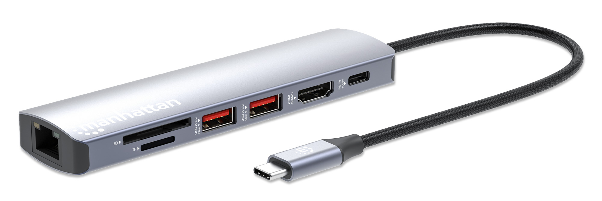Manhattan USB-C dock/hub met kaartlezer, poorten (5): Ethernet, HDMI, USB-A (2×) en USB-C, met Power Delivery (PD) 100 W - vereist een externe USB-C-lader (niet inbegrepen). USB-gevoed (geen externe voeding vereist) wanneer PD niet wordt gebruikt - Afbeelding 2