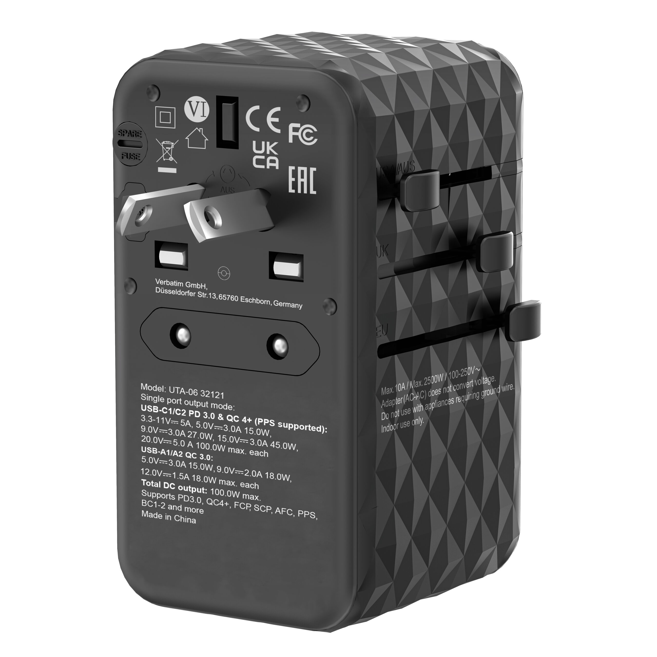 Verbatim UTA-06 100W GaN III universele reisadapter Met 2 x USB-C PD & QC 4+ & 2 x USB-A QC 3.0 poorten - Afbeelding 11