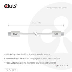 CLUB3D USB 80Gbps Certified 240W 8K240Hz Type-C® 1.2m / 3.94ft White Cable - Afbeelding 4