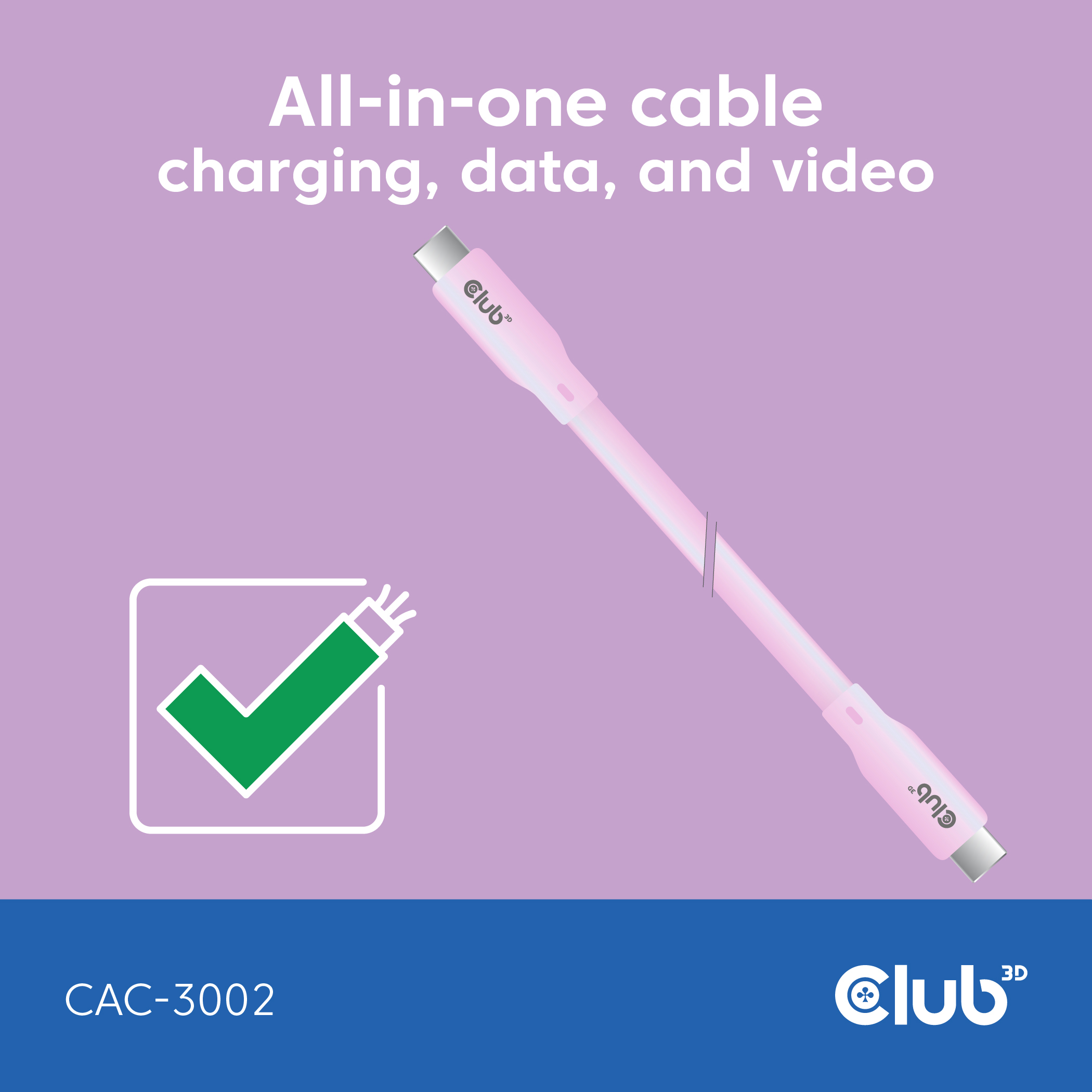 CLUB3D USB C oplaadkabel roze siliconen & tangle-free - Afbeelding 4