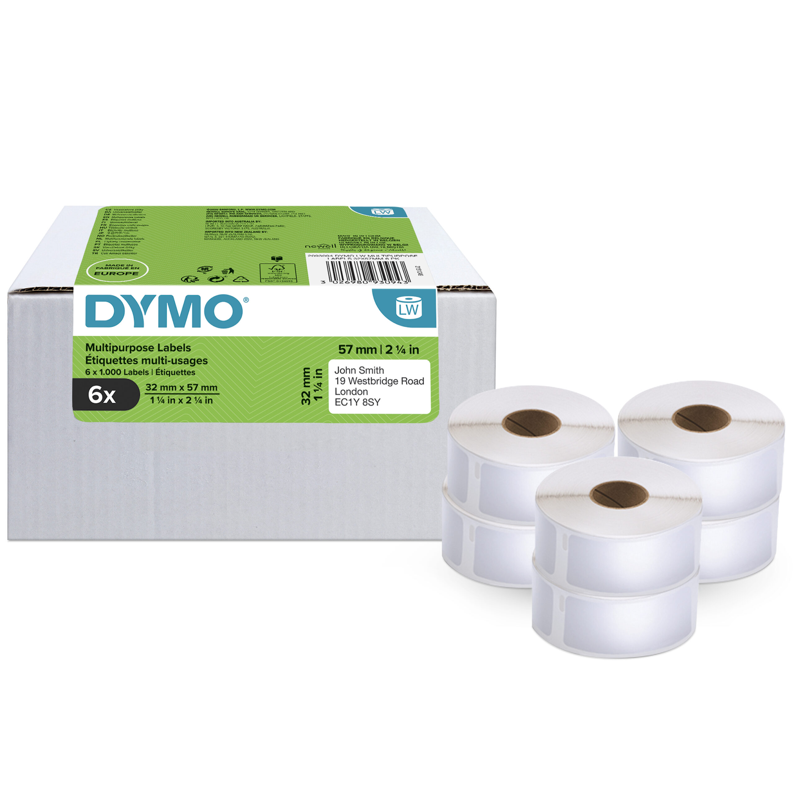DYMO originele LabelWriter multifunctionele labels | 32 mm x 57 m | 6 rollen met elk 1.000 labels (6.000 zelfklevende etiketten) | Zelfklevend | voor de LabelWriter labelprinters - Afbeelding 2