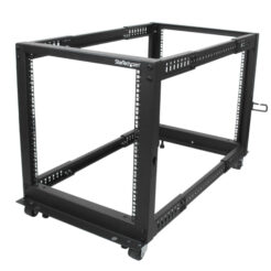StarTech.com 4-Post 12U Mobiel Open Frame Server Rack, 19" Patchkast met Wielen en 4 Stijlen, Open Serverkast met Verstelbare Diepte voor Computer / AV / Netwerk Apparatuur - Wielen, Stelvoeten of Vloermontage