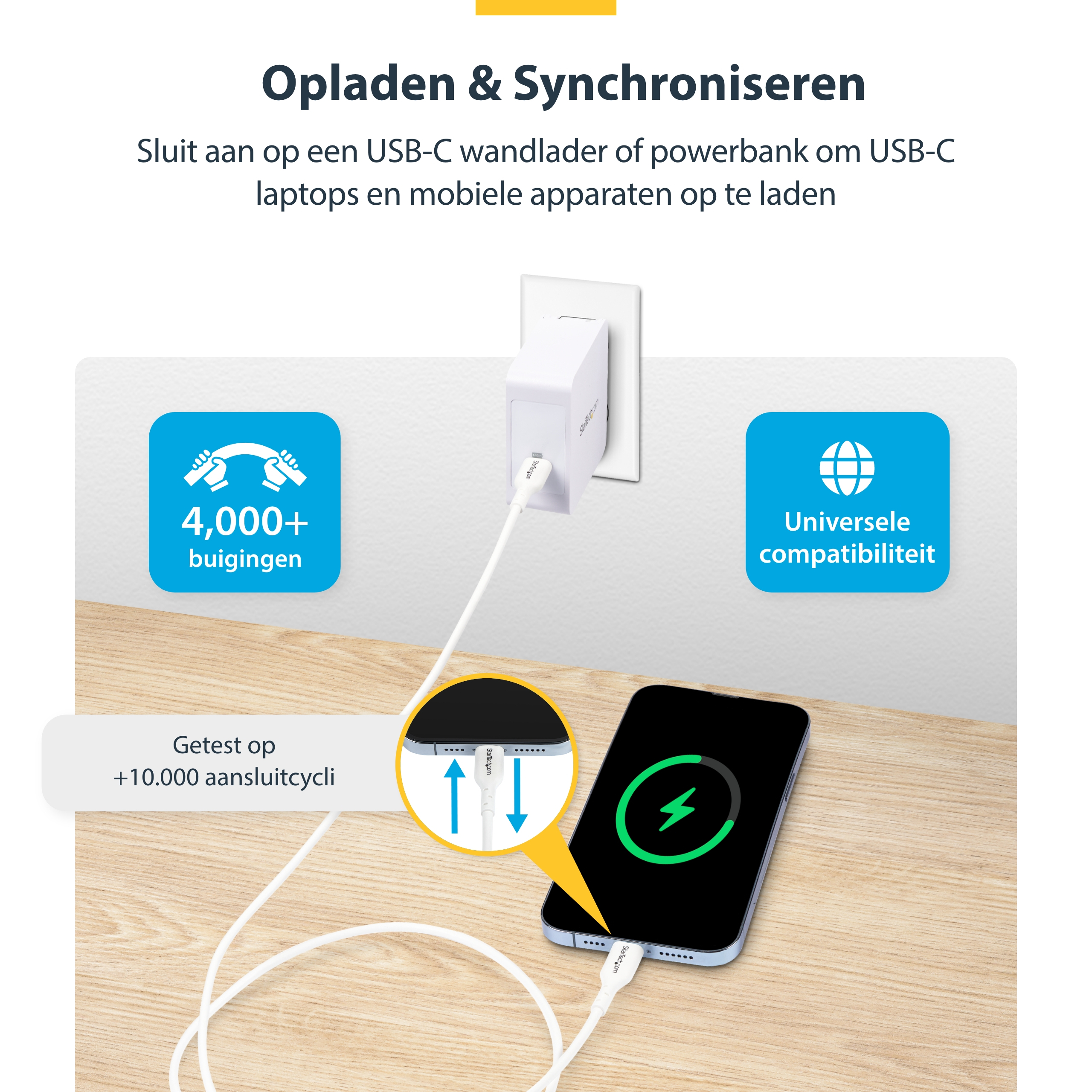 StarTech.com 1m USB-C Laadkabel, Charge & Sync, 60W (3A) PD, USB 2.0, Laptop Type C Laadkabel - Witte USB-C Oplaadkabel - Afbeelding 7