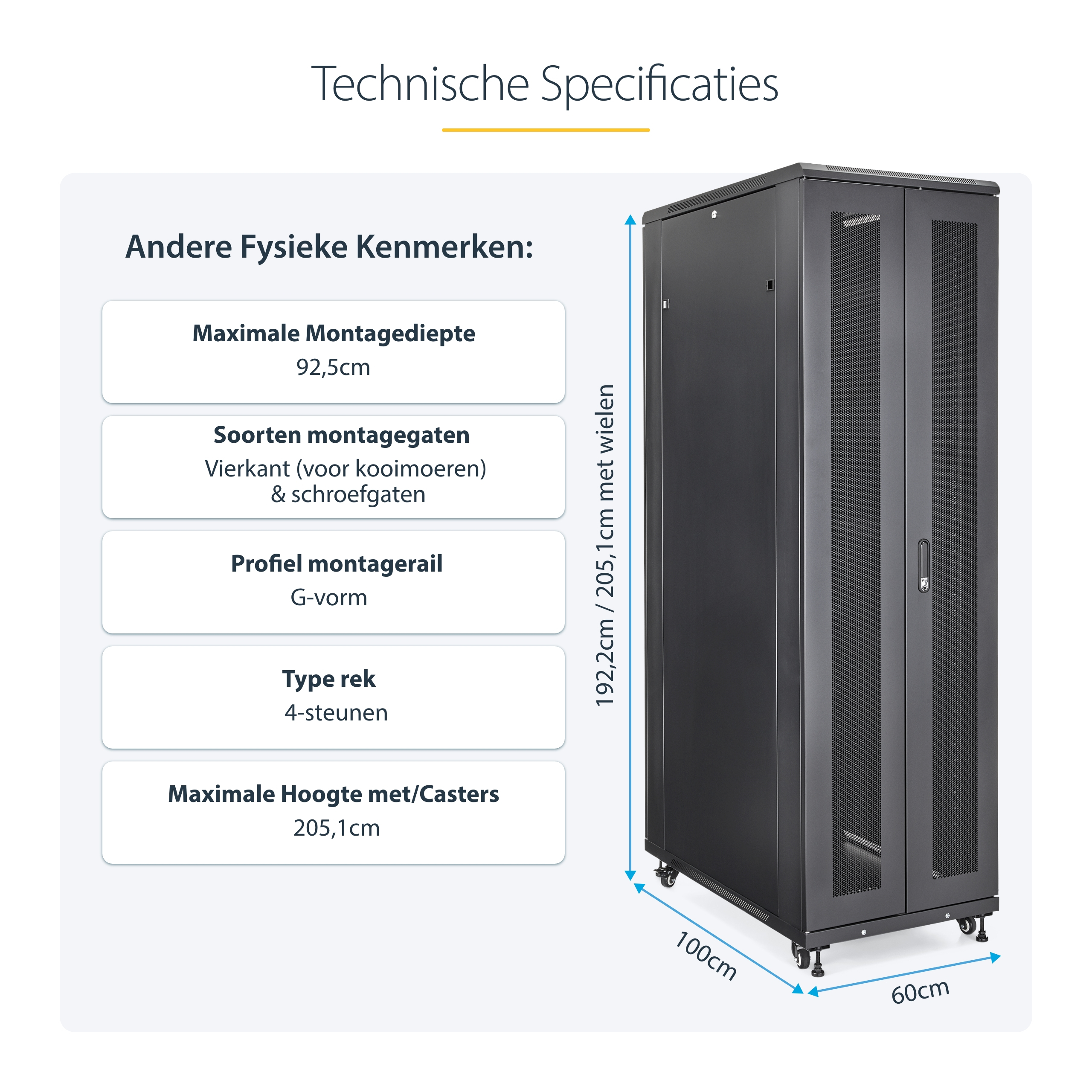 StarTech.com 4 Post 42U Netwerkkast, 19" Patchkast voor Computer/AV/IT Apparatuur, Data Rack met Wielen, Full Size Industriële Serverkast - Afbeelding 12