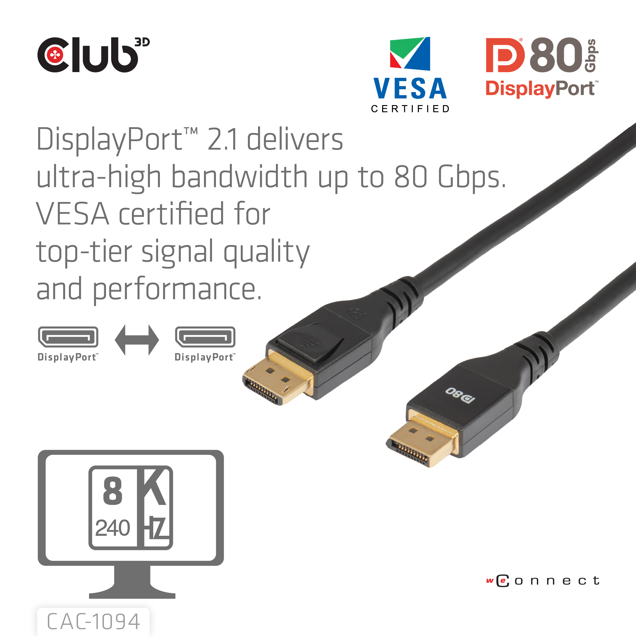 CLUB3D DisplayPort™ 2.1 VESA DP80 Gecertificeerd Kabel 8K240Hz 2m/6.56ft - Afbeelding 12