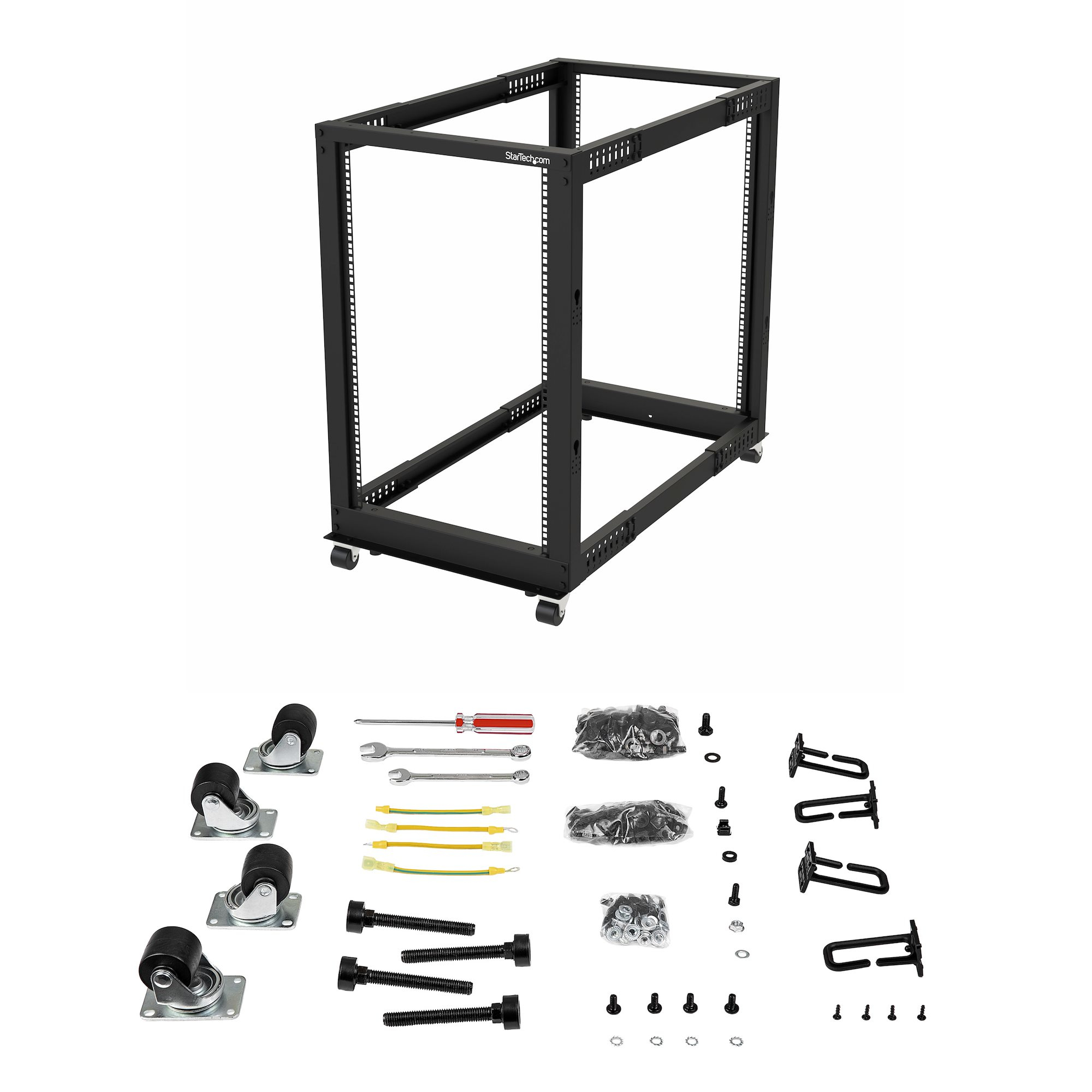 StarTech.com 4-Post 18U Mobiel Open Frame Server Rack, 19" Patchkast met Wielen en 4 Stijlen, Open Serverkast met Verstelbare Diepte voor Computer / AV / Netwerk Apparatuur - Wielen, Stelvoeten of Vloermontage - Afbeelding 8