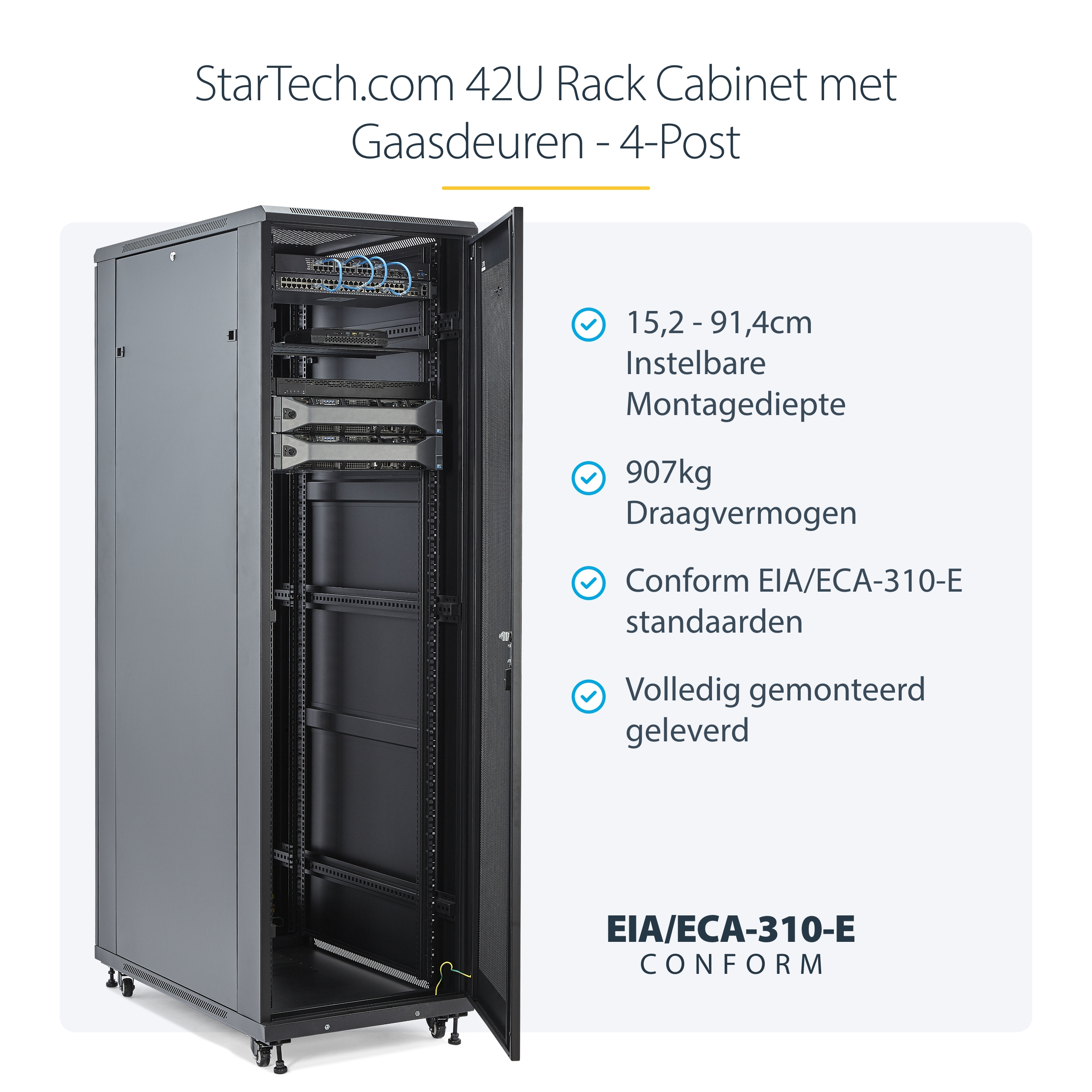 StarTech.com 4 Post 42U Netwerkkast, 19" Patchkast voor Computer/AV/IT Apparatuur, Data Rack met Wielen, Full Size Industriële Serverkast - Afbeelding 9