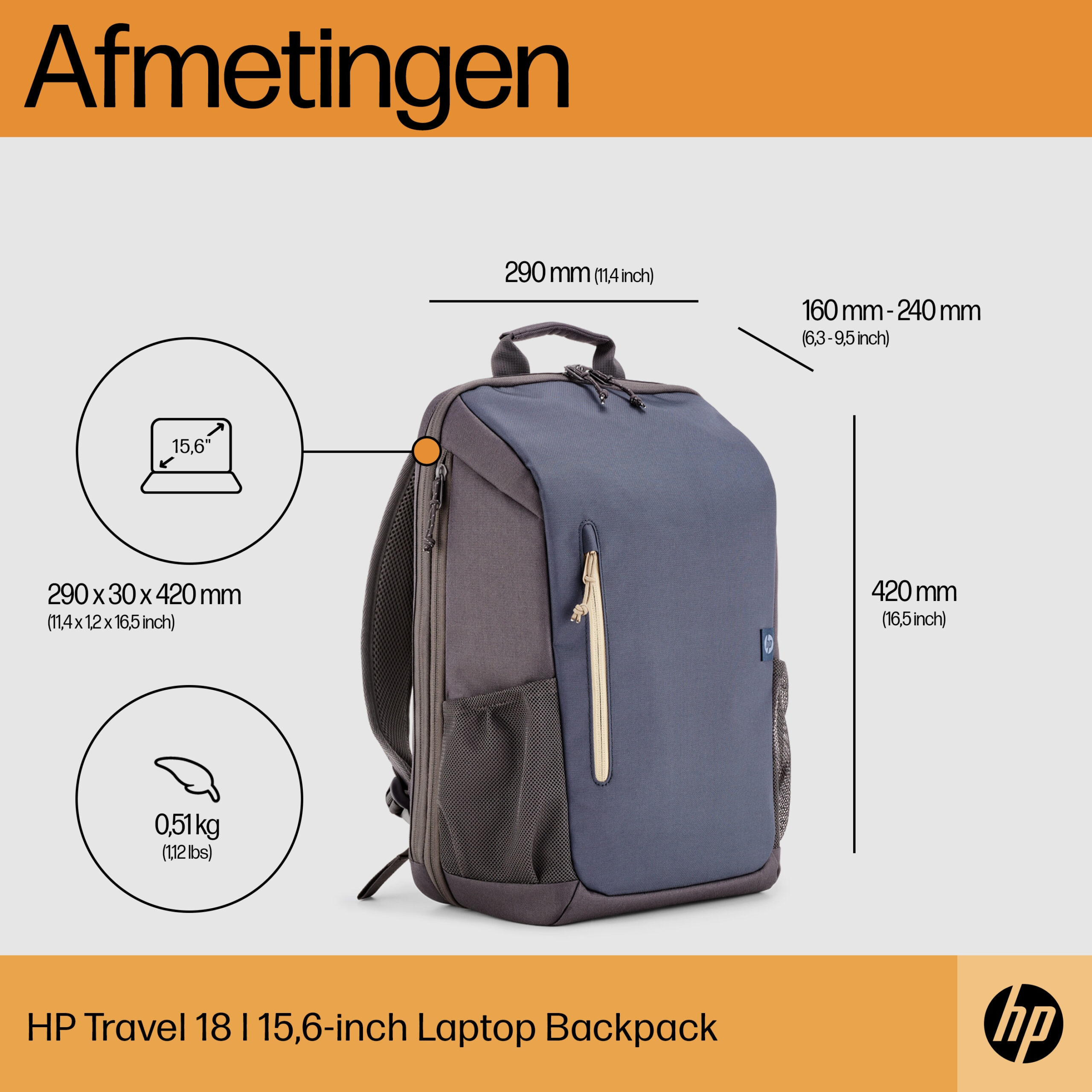 HP Travel 15,6 Blue Night Laptop Backpack, 18 liter - Afbeelding 5