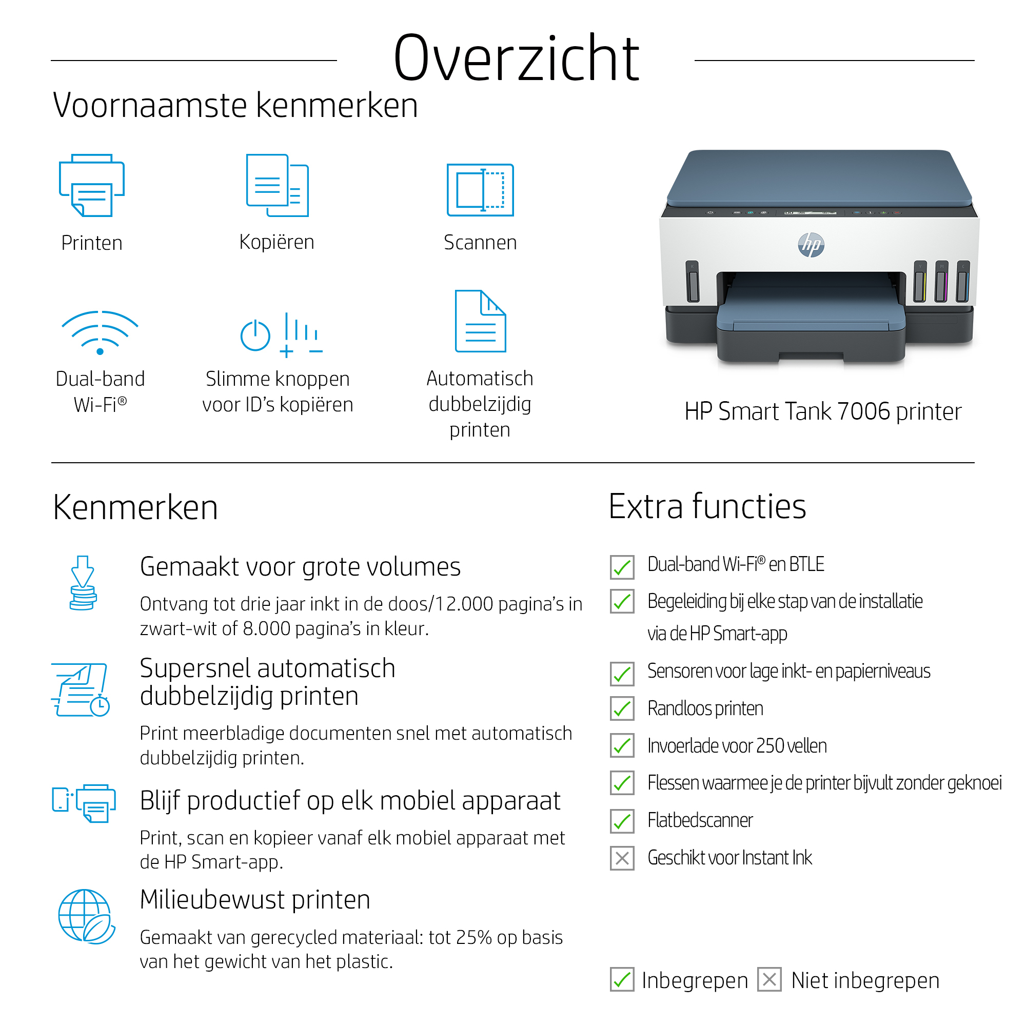 HP Smart Tank 7006 Draadloos All-in-One Kleur Printer, Dubbelzijdig printen; Kopieerapparaat, Scanner - Afbeelding 6