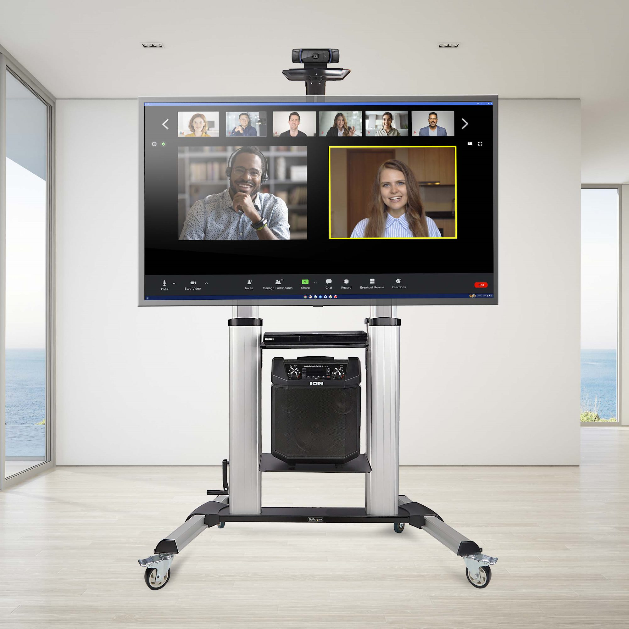 StarTech.com Verrijdbare TV Standaard op Wielen voor 60-100inch Flat Screens tot 100kg, In Hoogte Verstelbaar via Krukas, Mobiele Televisie Standaard/Trolley - Afbeelding 14