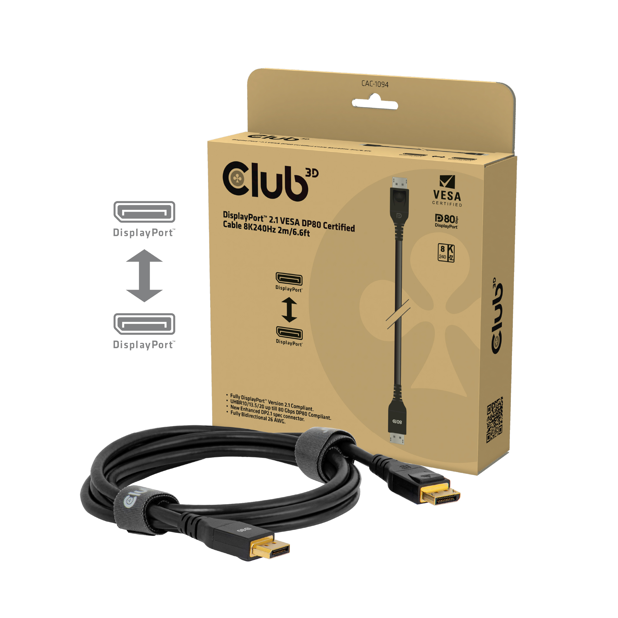 CLUB3D DisplayPort™ 2.1 VESA DP80 Gecertificeerd Kabel 8K240Hz 2m/6.56ft - Afbeelding 2