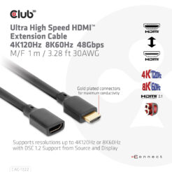 CLUB3D Ultra High Speed HDMI Extension Cable 4K120Hz 8K60Hz 48Gbps M/F 1 m / 3.28 ft 30AWG - Afbeelding 3
