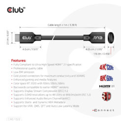 CLUB3D Ultra High Speed HDMI Extension Cable 4K120Hz 8K60Hz 48Gbps M/F 1 m / 3.28 ft 30AWG - Afbeelding 4