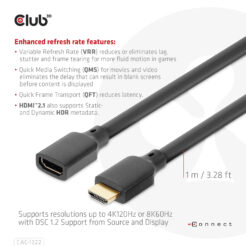 CLUB3D Ultra High Speed HDMI Extension Cable 4K120Hz 8K60Hz 48Gbps M/F 1 m / 3.28 ft 30AWG - Afbeelding 6