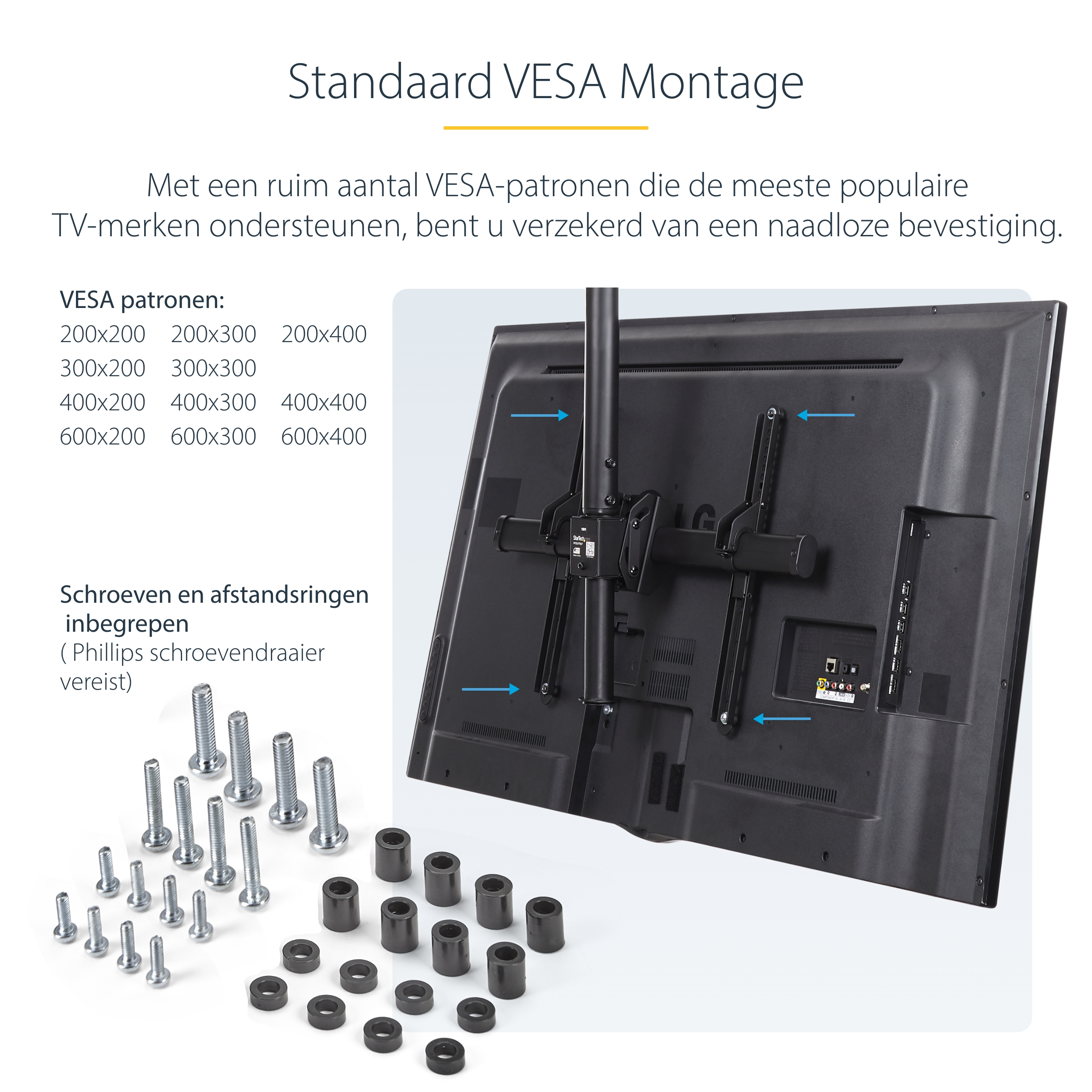 StarTech.com TV Plafondbeugel, Full-Motion Universele Ophangbeugel, VESA Beugel voor Single 32”-75" TVs / Displays, Kantelen/Zwenken, In hoogte verstelbare telescopische paal - Afbeelding 14