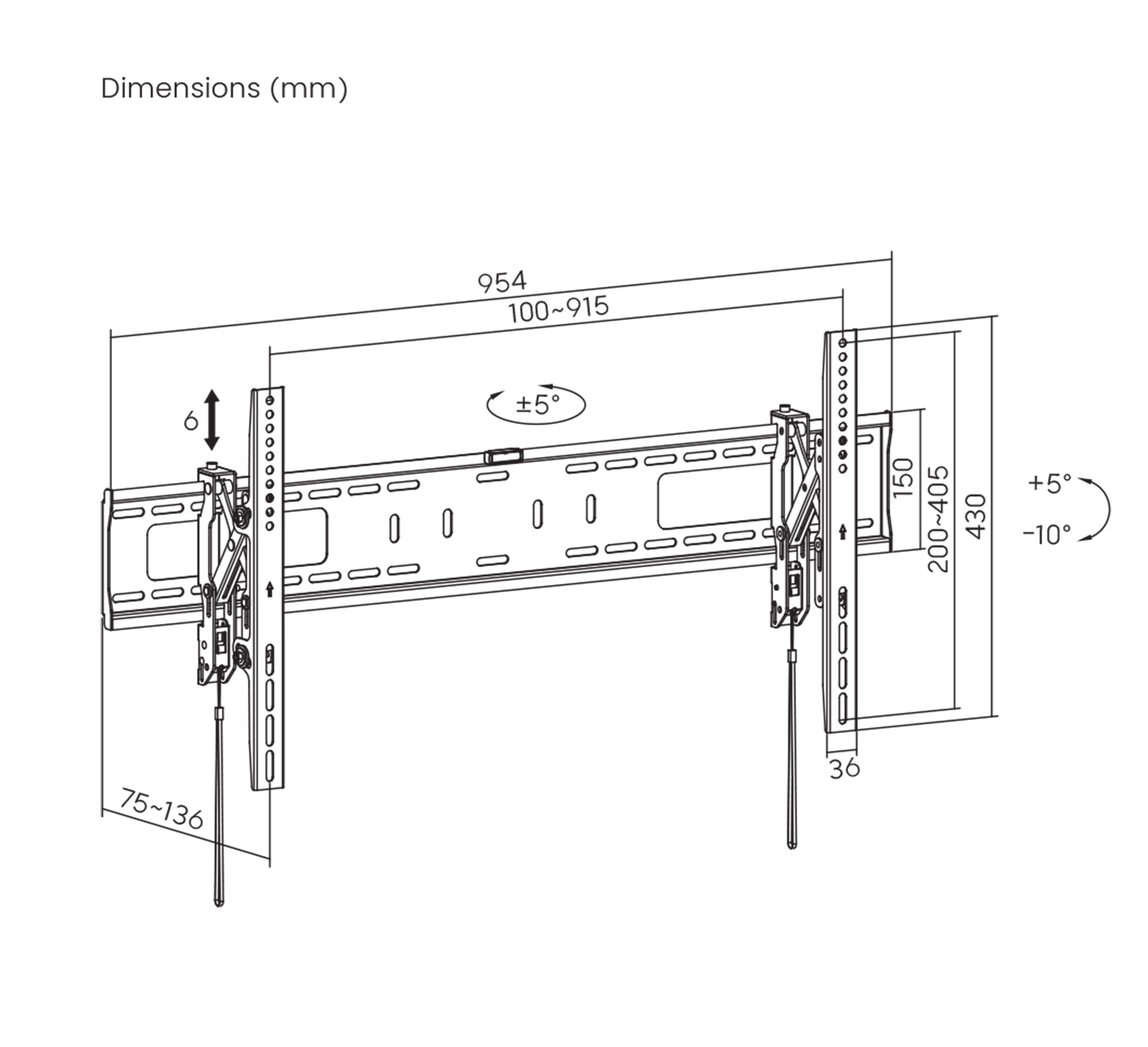 Manhattan Wandbeugel met verlenging voor TV’s en monitoren (Kantelbaar, anti-diefstal), voor schermen 37"–100", VESA-compatibiliteit: van 200×200 tot 800×400 mm (controleer de afmetingen van de vier montagegaten aan de achterzijde), max 75 kg, zwart - Afbeelding 15