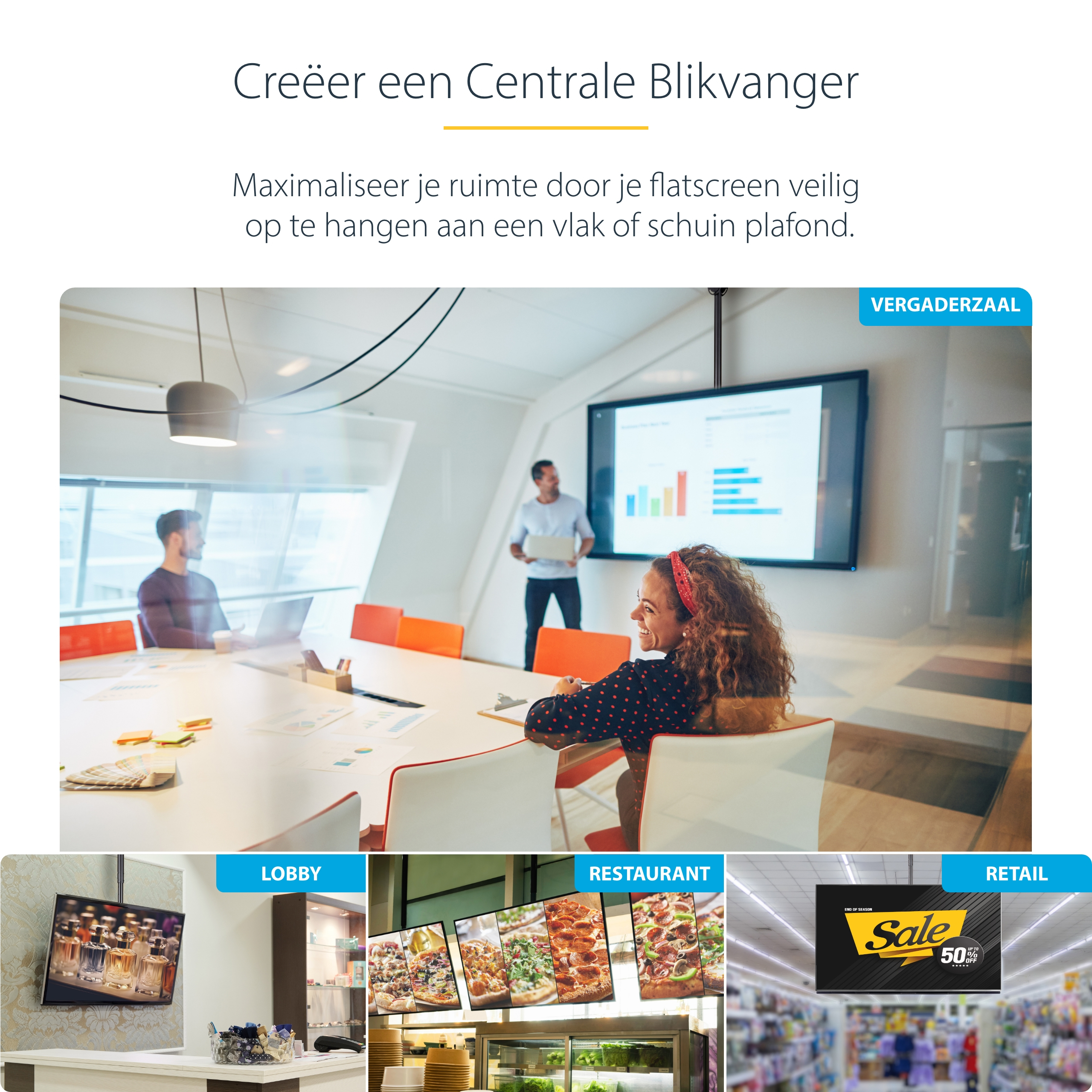StarTech.com TV Plafondbeugel, Full-Motion Universele Ophangbeugel, VESA Beugel voor Single 32”-75" TVs / Displays, Kantelen/Zwenken, In hoogte verstelbare telescopische paal - Afbeelding 11
