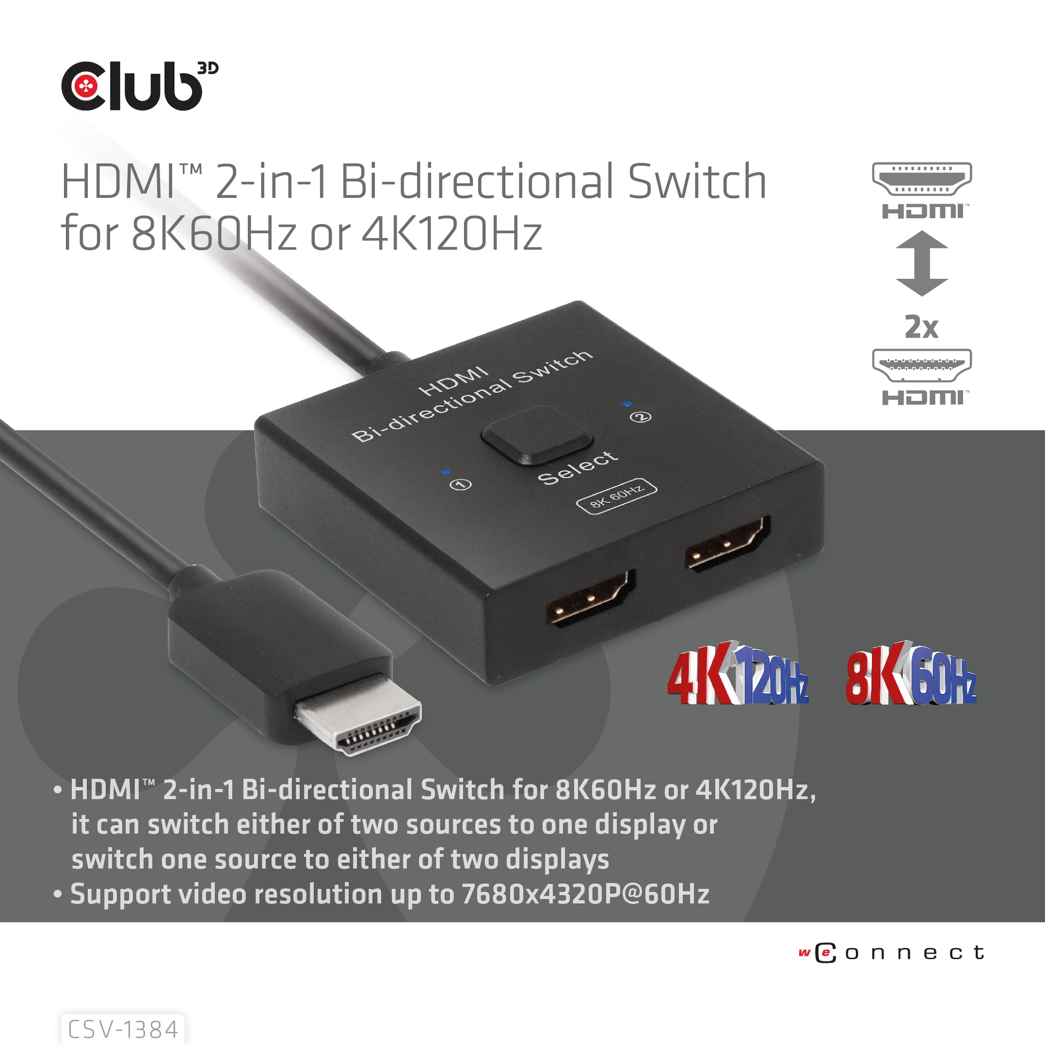CLUB3D HDMI 2-in-1 Bi-directional Switch for 8K60Hz or 4K120Hz - Afbeelding 7