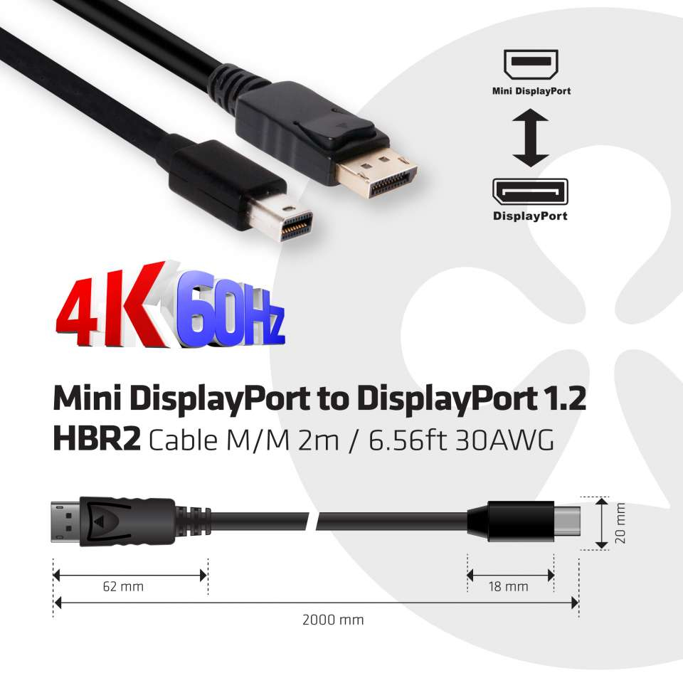 CLUB3D Mini DisplayPort to DisplayPort 1.2 M/M 2meter 4K60Hz - Afbeelding 4