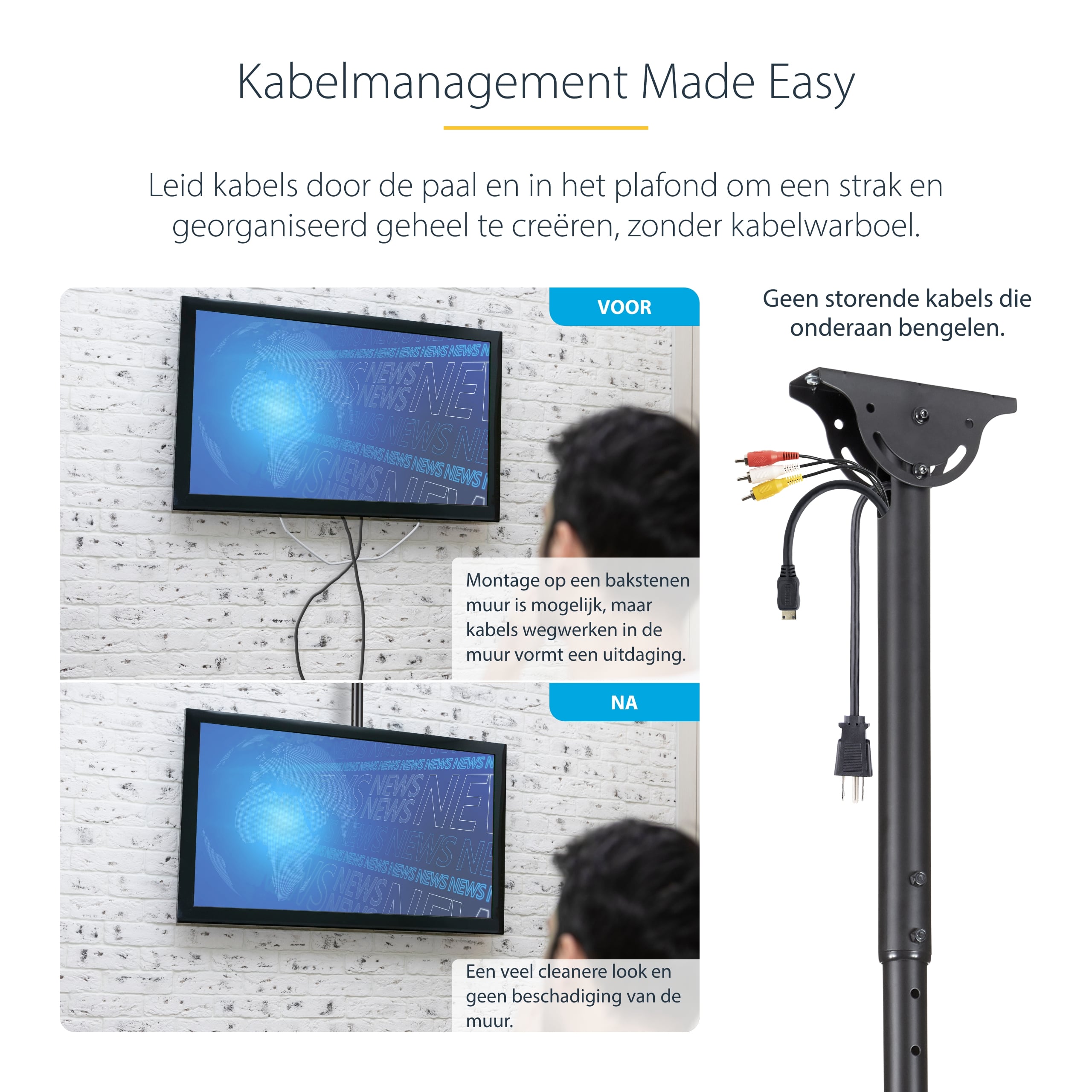 StarTech.com TV Plafondbeugel, Full-Motion Universele Ophangbeugel, VESA Beugel voor Single 32”-75" TVs / Displays, Kantelen/Zwenken, In hoogte verstelbare telescopische paal - Afbeelding 12