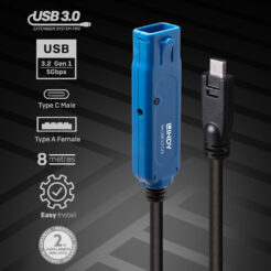 Lindy 43381 USB-kabel USB 3.2 Gen 1 (3.1 Gen 1) 8 m USB C USB A 5 Gbit/s Zwart, Blauw - Afbeelding 3