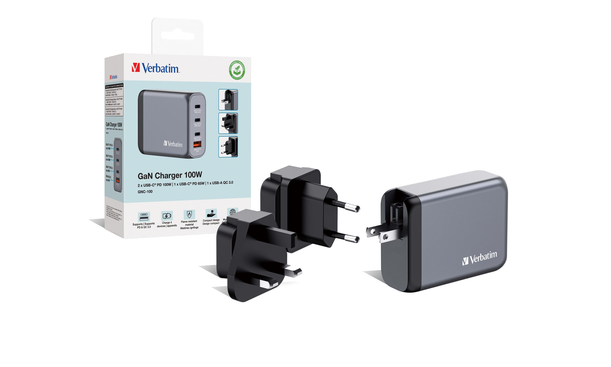 Verbatim 100 W GaN-wandoplader met vier poorten 2 x USB-C PD 100 W / 1 x USB-C PD 65 W / 1 x USB-A QC 3.0 (EU/VK/VS) - Afbeelding 5