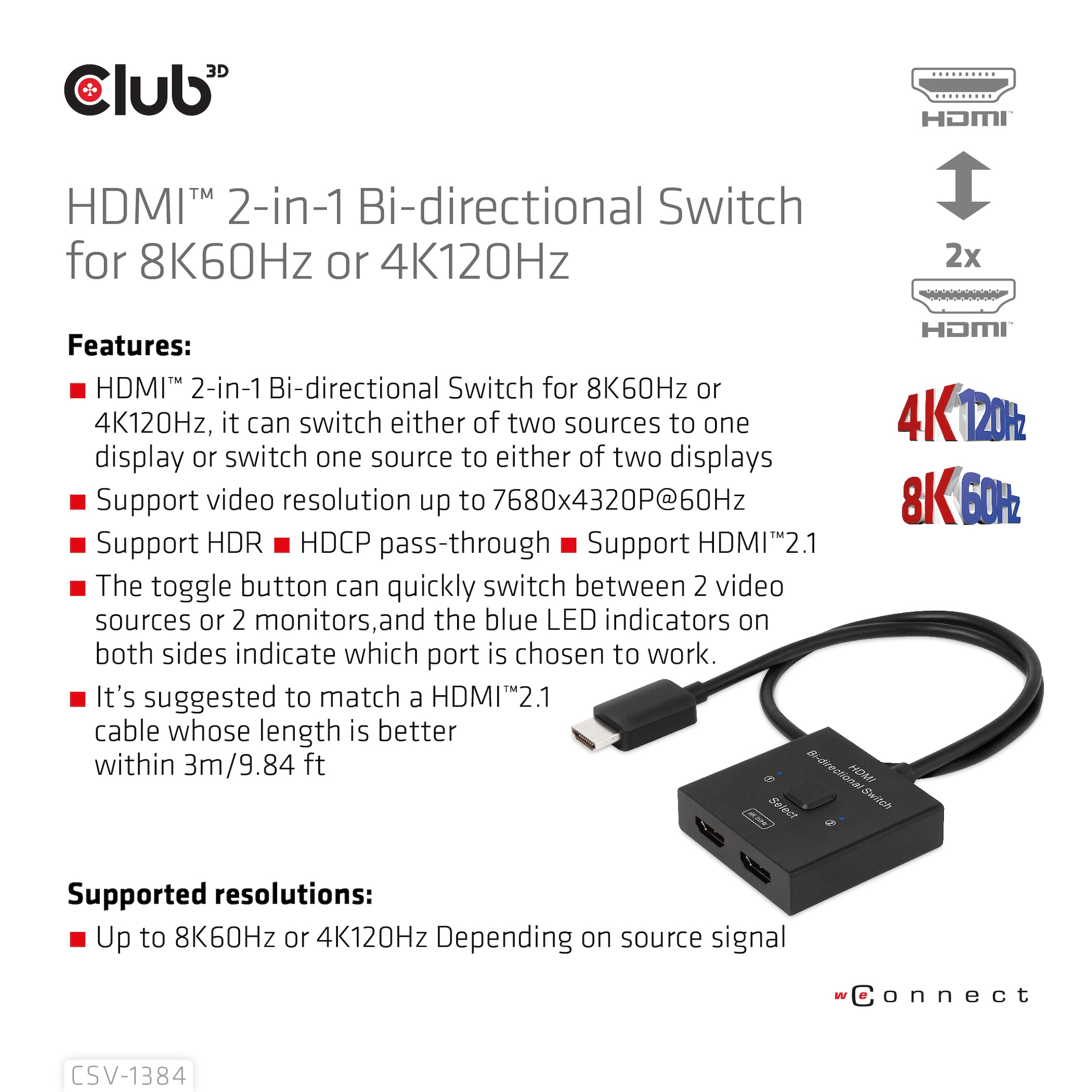 CLUB3D HDMI 2-in-1 Bi-directional Switch for 8K60Hz or 4K120Hz - Afbeelding 11