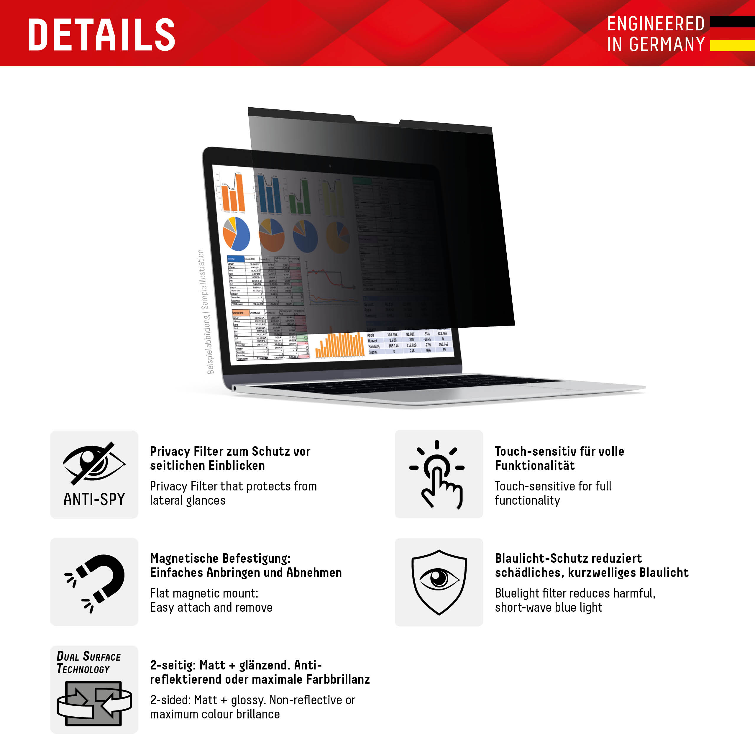 Displex 01764 schermfilter 33,8 cm (13.3") Laptop Randloze privacyfilter voor schermen 5H