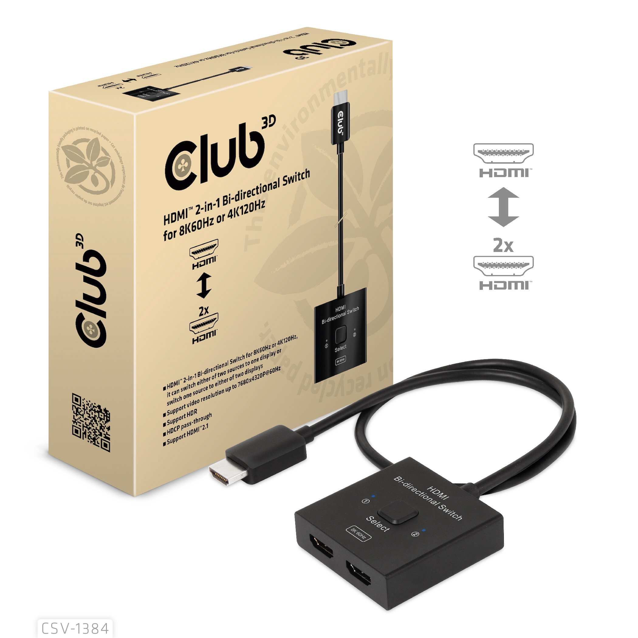 CLUB3D HDMI 2-in-1 Bi-directional Switch for 8K60Hz or 4K120Hz - Afbeelding 6