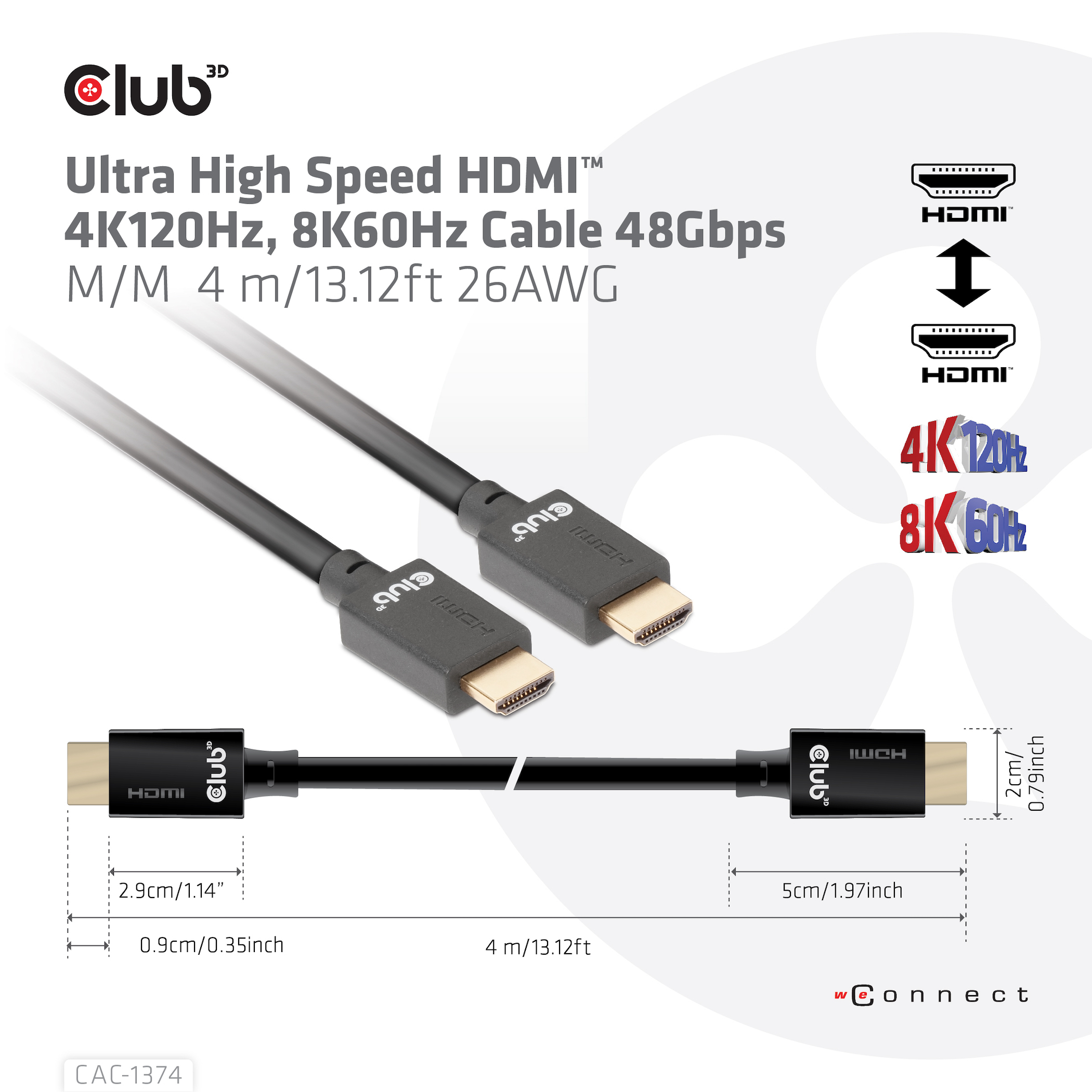 CLUB3D Ultra High Speed HDMI™2.1 gecertificeerde kabel 4K120Hz, 144Hz 48Gbps M/V 4 Meter - Afbeelding 4