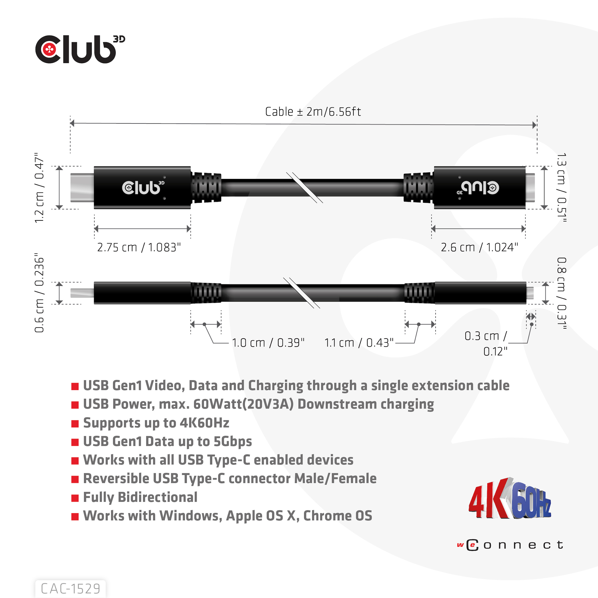 CLUB3D USB Gen1 Type-C Extensie kabel 5Gbps 60W(20V/3A) 4K60Hz M/F 1m/3.28ft - Afbeelding 5