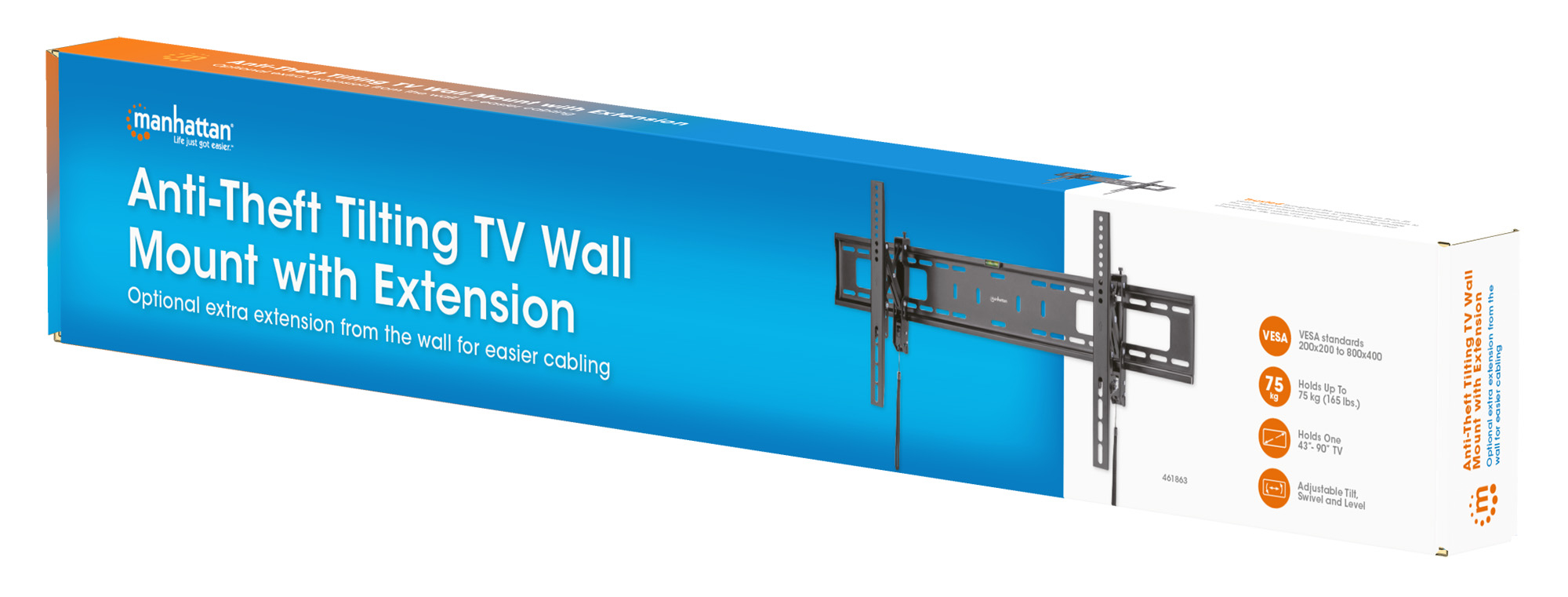 Manhattan Wandbeugel met verlenging voor TV’s en monitoren (Kantelbaar, anti-diefstal), voor schermen 37"–100", VESA-compatibiliteit: van 200×200 tot 800×400 mm (controleer de afmetingen van de vier montagegaten aan de achterzijde), max 75 kg, zwart - Afbeelding 16