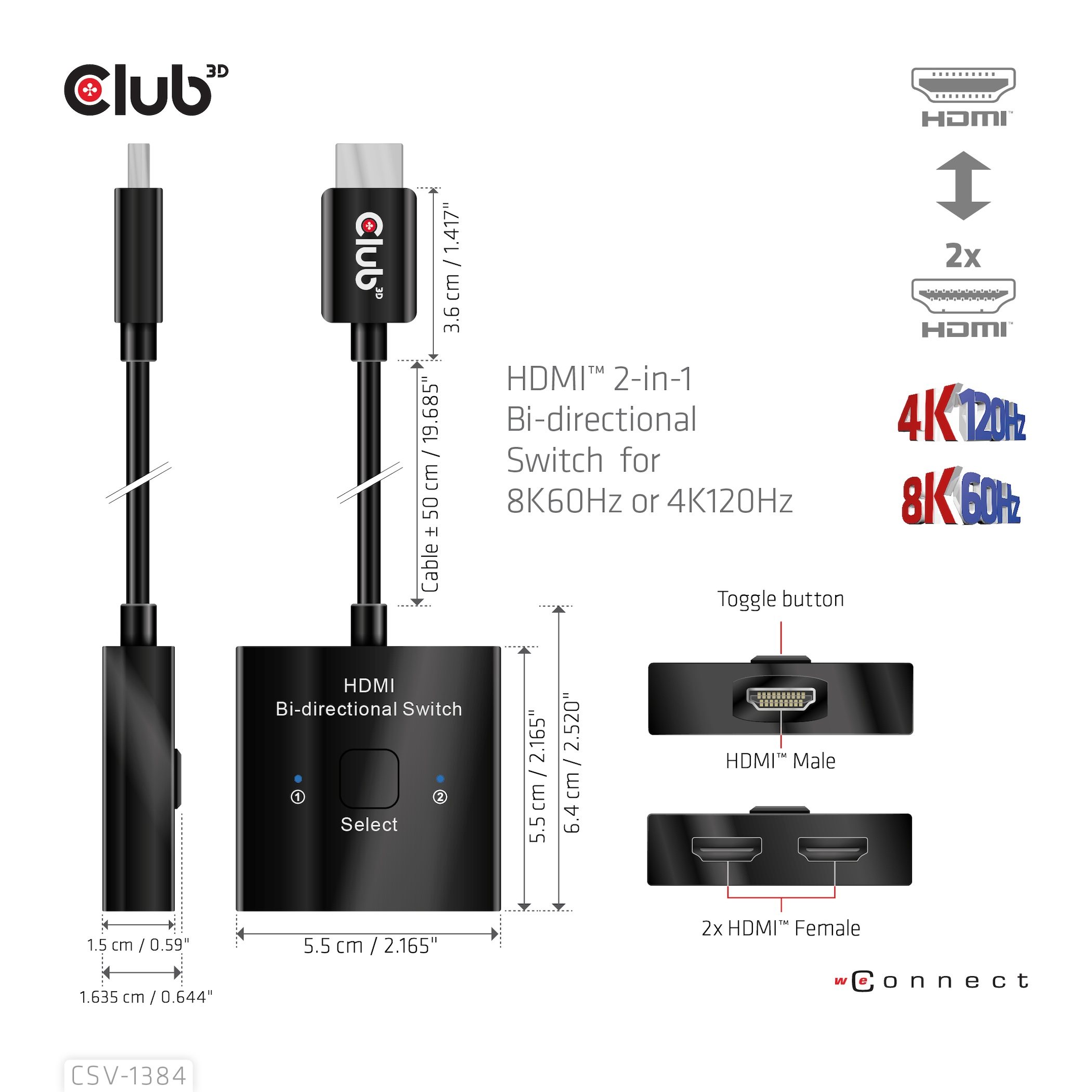 CLUB3D HDMI 2-in-1 Bi-directional Switch for 8K60Hz or 4K120Hz - Afbeelding 8