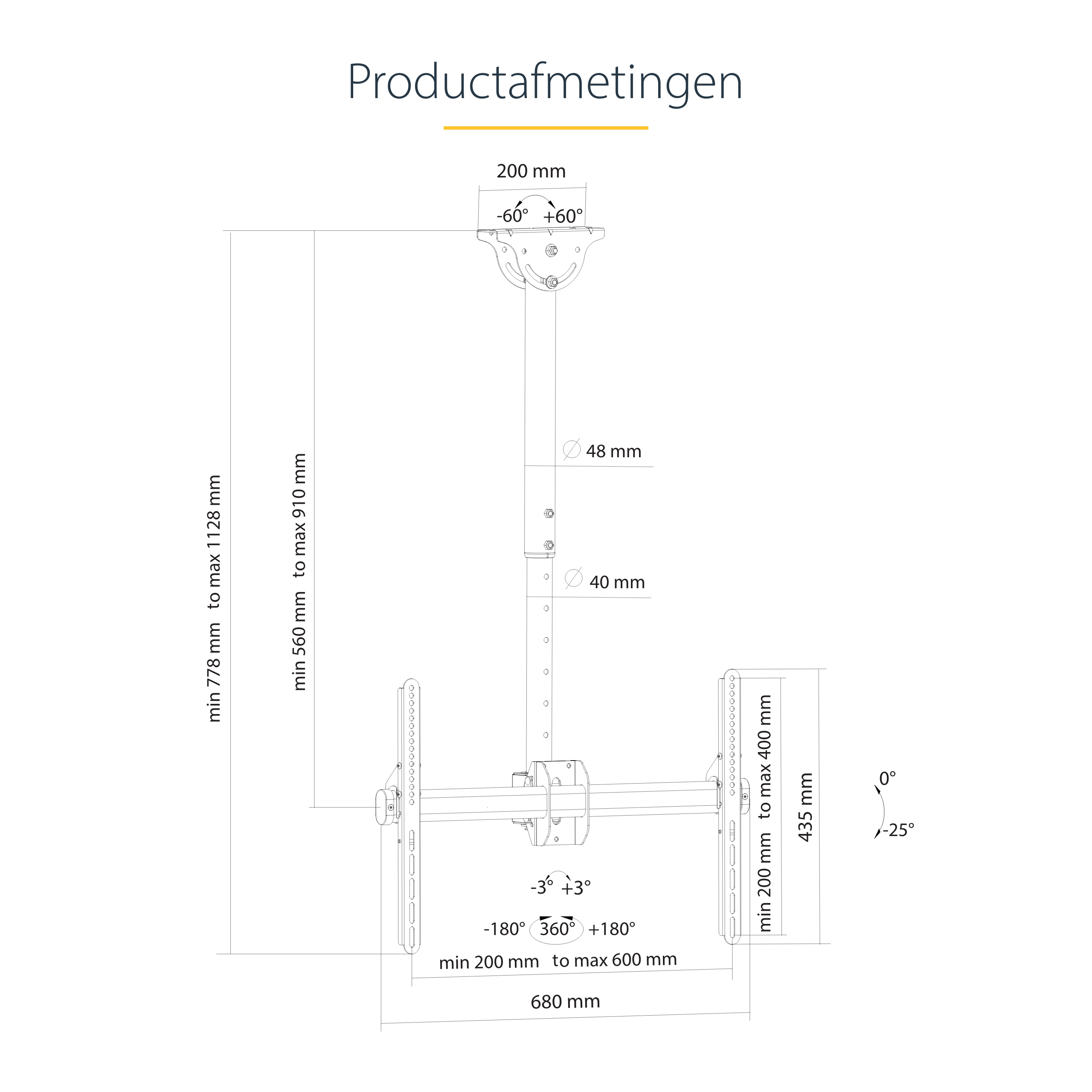 StarTech.com TV Plafondbeugel, Full-Motion Universele Ophangbeugel, VESA Beugel voor Single 32”-75" TVs / Displays, Kantelen/Zwenken, In hoogte verstelbare telescopische paal - Afbeelding 17