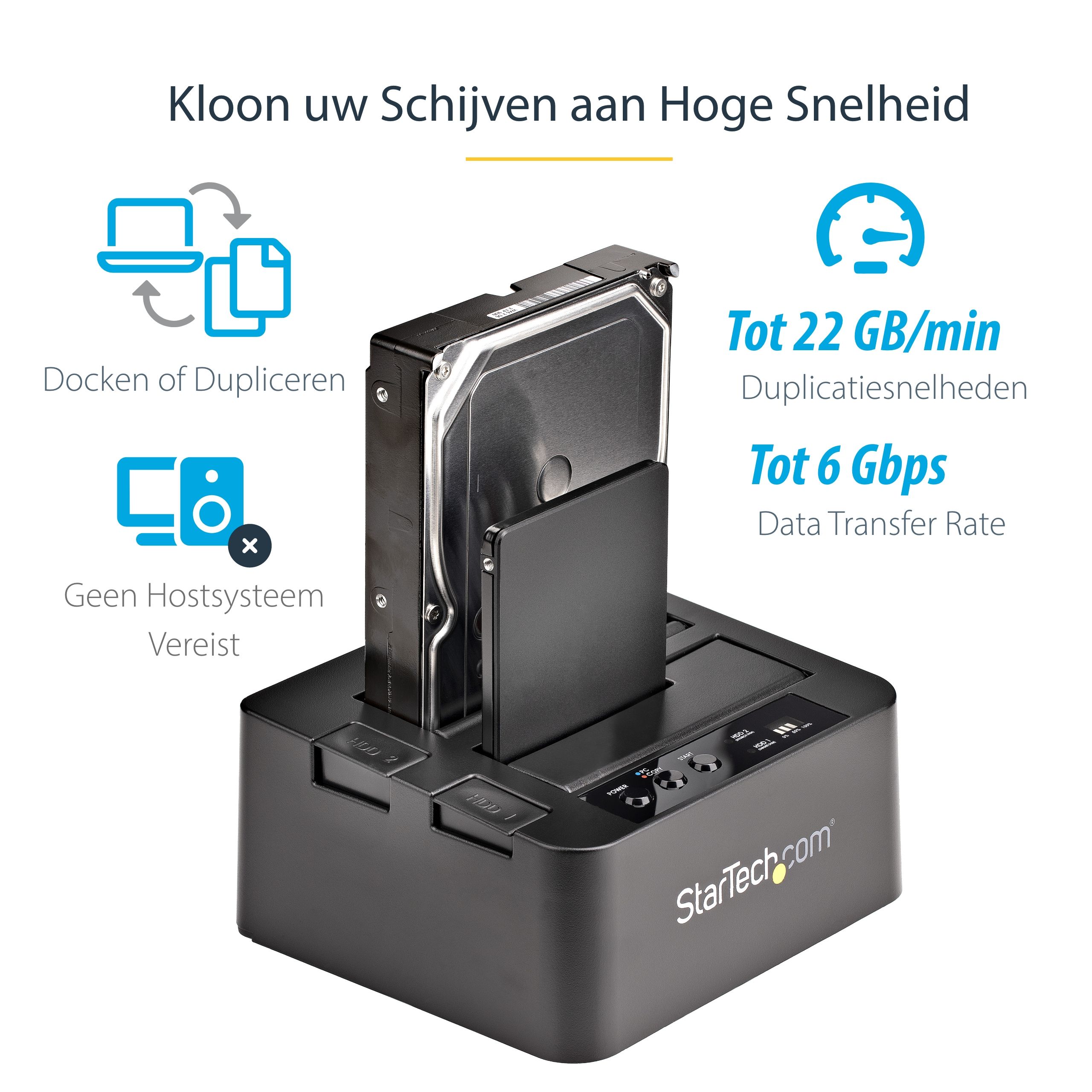 StarTech.com Dual Bay Hard Drive Cloner, Standalone USB 3.2 Gen 1 (5 Gbps) / eSATA naar 2.5/3.5" SATA III HDD/SSD Kloner/Copier, Harde Schijf Duplicator Dock, Hard Disk Copy - Afbeelding 6