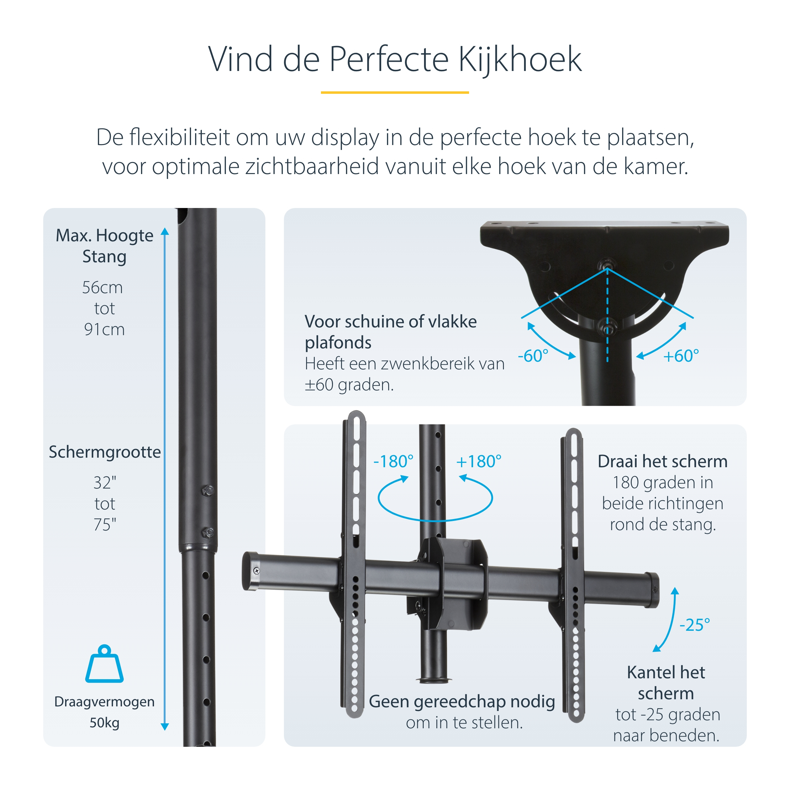 StarTech.com TV Plafondbeugel, Full-Motion Universele Ophangbeugel, VESA Beugel voor Single 32”-75" TVs / Displays, Kantelen/Zwenken, In hoogte verstelbare telescopische paal - Afbeelding 13
