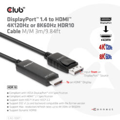 CLUB3D DisplayPort 1.4 to HDMI 4K120Hz or 8K60Hz HDR10 Cable M/M 3m/9.84ft - Afbeelding 4