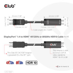 CLUB3D DisplayPort 1.4 to HDMI 4K120Hz or 8K60Hz HDR10 Cable M/M 3m/9.84ft - Afbeelding 5