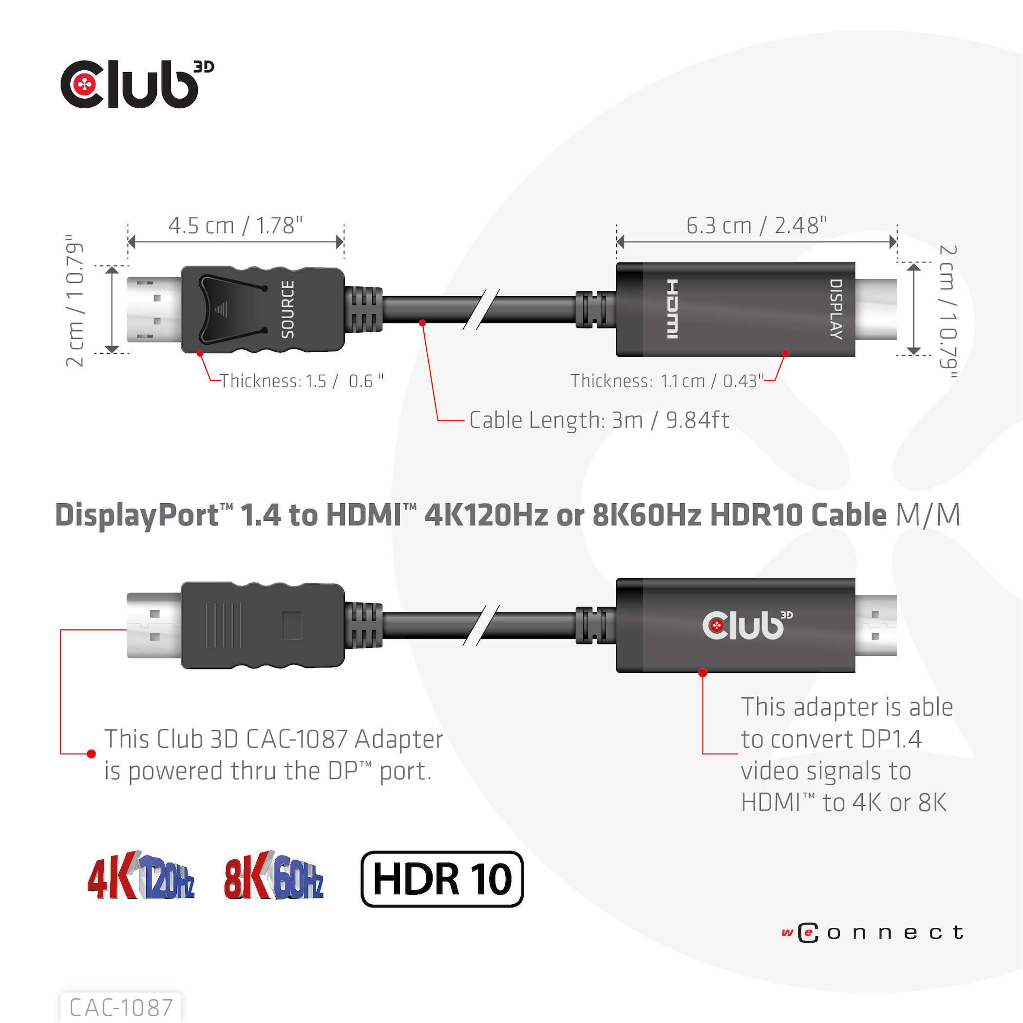 CLUB3D DisplayPort 1.4 to HDMI 4K120Hz or 8K60Hz HDR10 Cable M/M 3m/9.84ft - Afbeelding 5