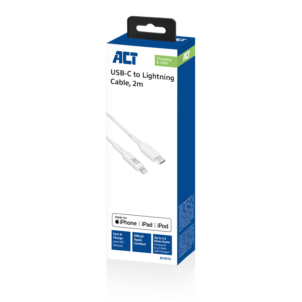 ACT USB 2.0 laad- en datakabel C male - Lightning male 2 meter, MFI gecertificeerd - Afbeelding 3