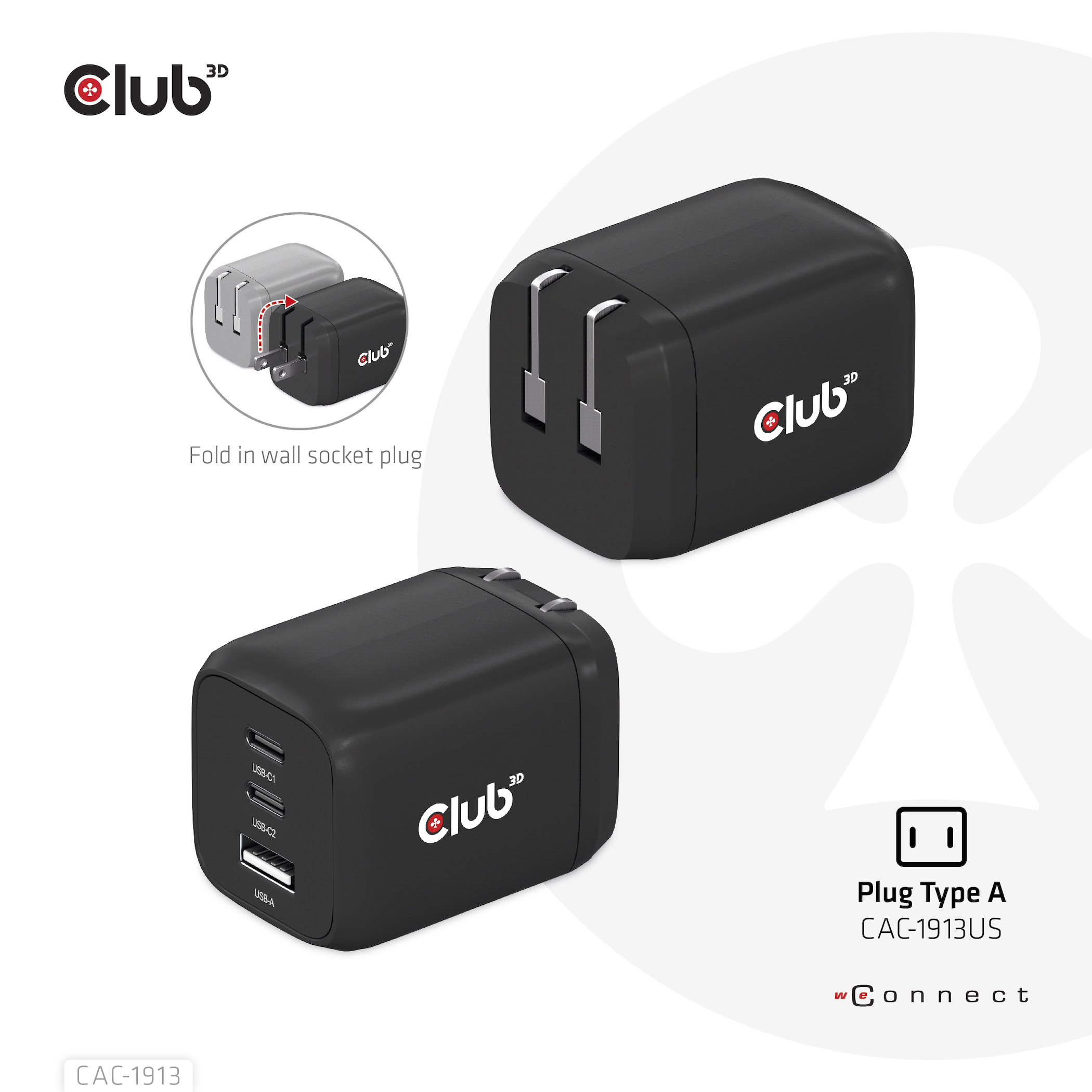 CLUB3D Travel Charger PPS 65Watt GAN technology, Triple port (2x USB Type-C + USB Type-A) Power Delivery(PD) 3.0 Support - Afbeelding 3
