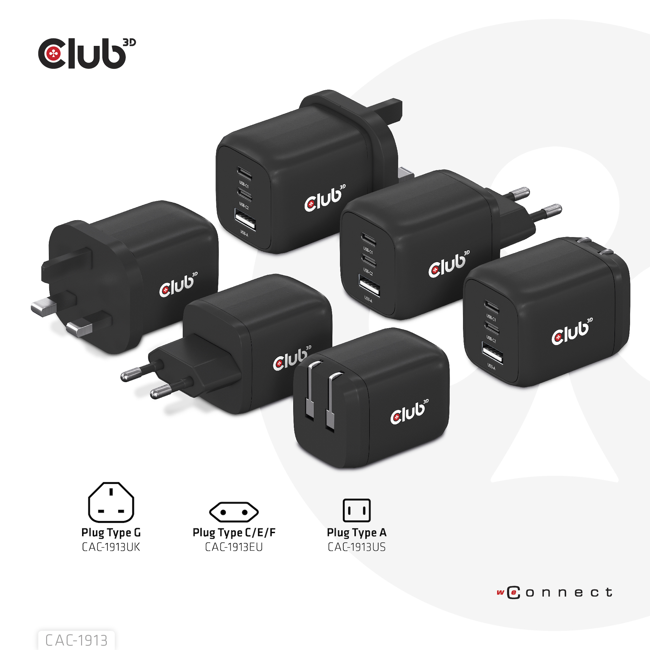 CLUB3D Travel Charger PPS 65Watt GAN technology, Triple port (2x USB Type-C + USB Type-A) Power Delivery(PD) 3.0 Support - Afbeelding 6
